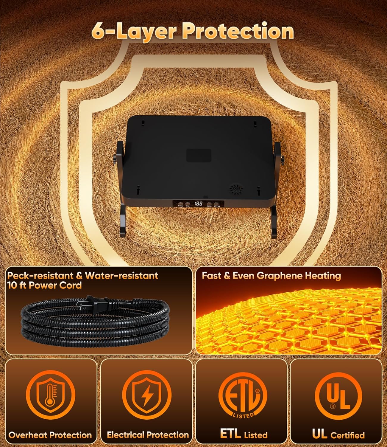 Smart Brooder Heating Plate, 2-in-1 Chicken Coop Heater & Chick Brooder, 200W Rapid Radiant Heat with Adjustable Temp 86~194℉ & Timer & Height & Angle, Peck-Resistant Power Cord, ETL/UL Certified Safe