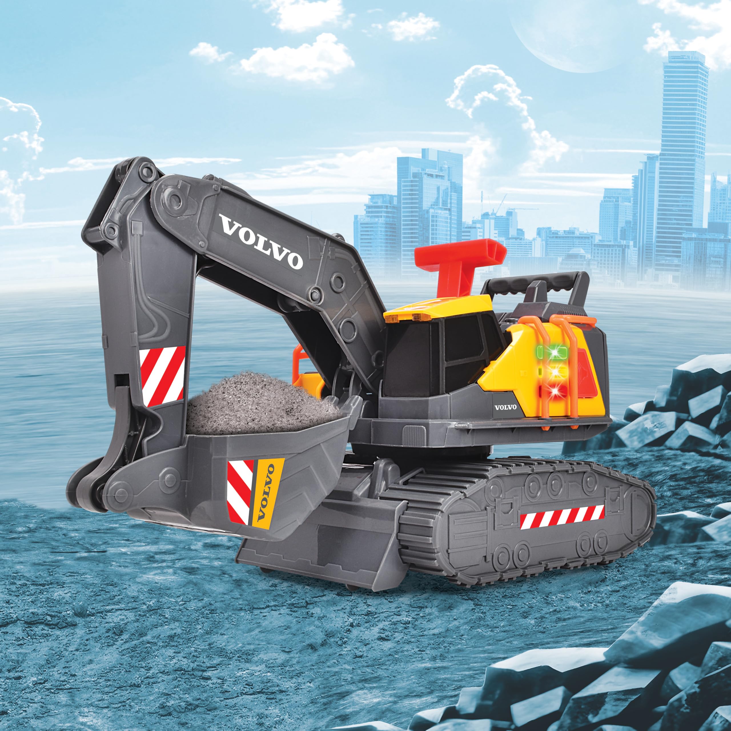 Dickie Toys - Volvo Bagger Power Excavator (30 cm) – zabawkowa koparka łopatkowa dla dzieci od 3 lat z wolnym biegiem, sterowaniem dźwignią, światłem i dźwiękiem, nadaje się jako zabawka do piasku, w