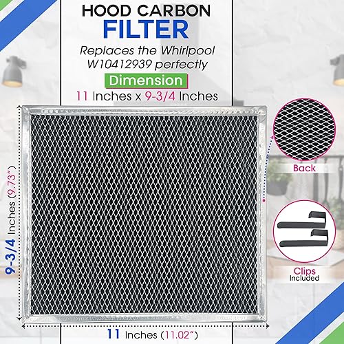 Miniatura 3 de Filtro de carbón de repuesto para filtro de campana extractora Whirlpool W10412939 de 11.02 x 9.73 pulgadas, filtro de carbón sin conductos para