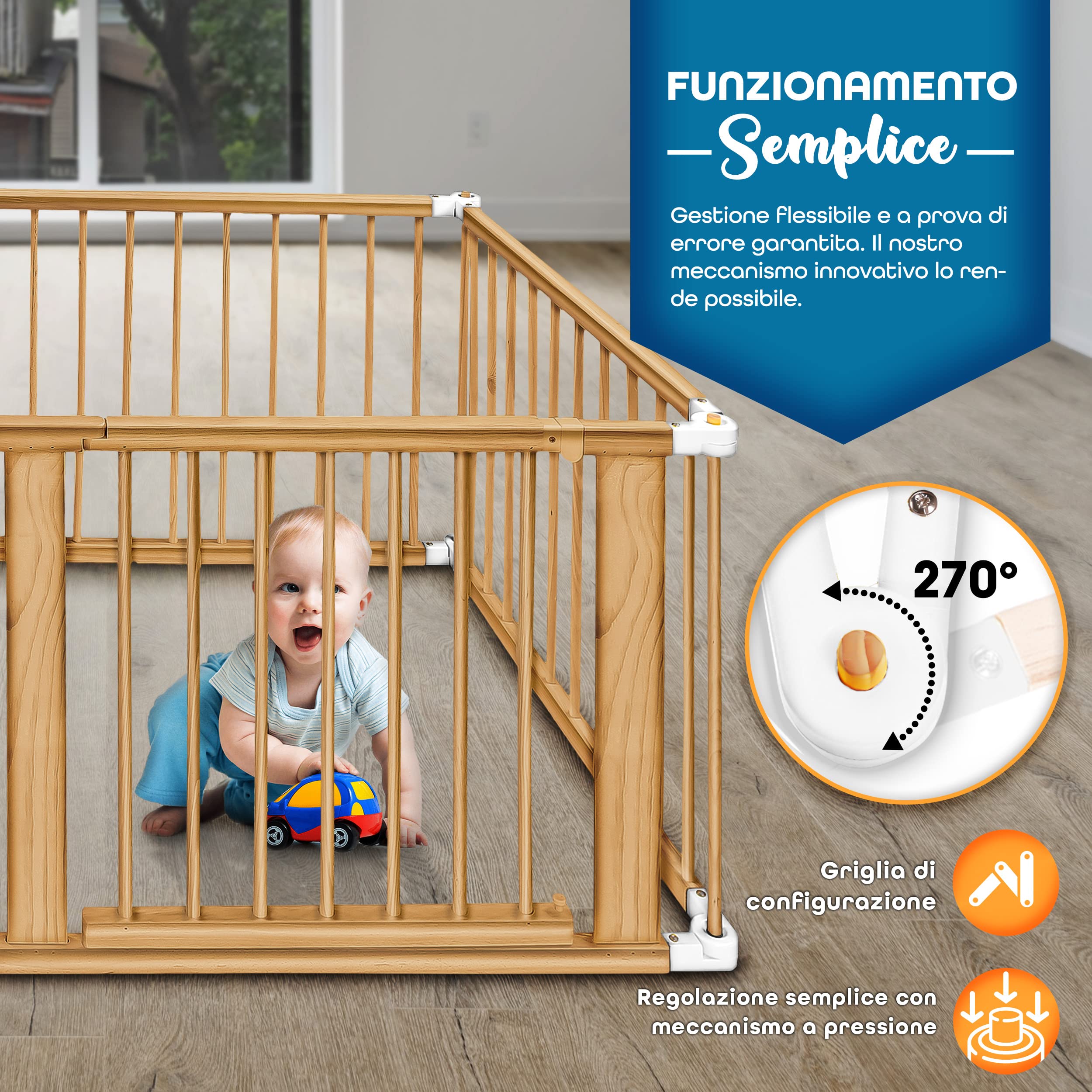 KIDUKU® XXL Box per Bambini Barriera di sicurezza di 7,2 metri, pieghevole e porta inclusa, composto da 8 Elementi, formabile individualmente recinto di sicurezza (Bianco)