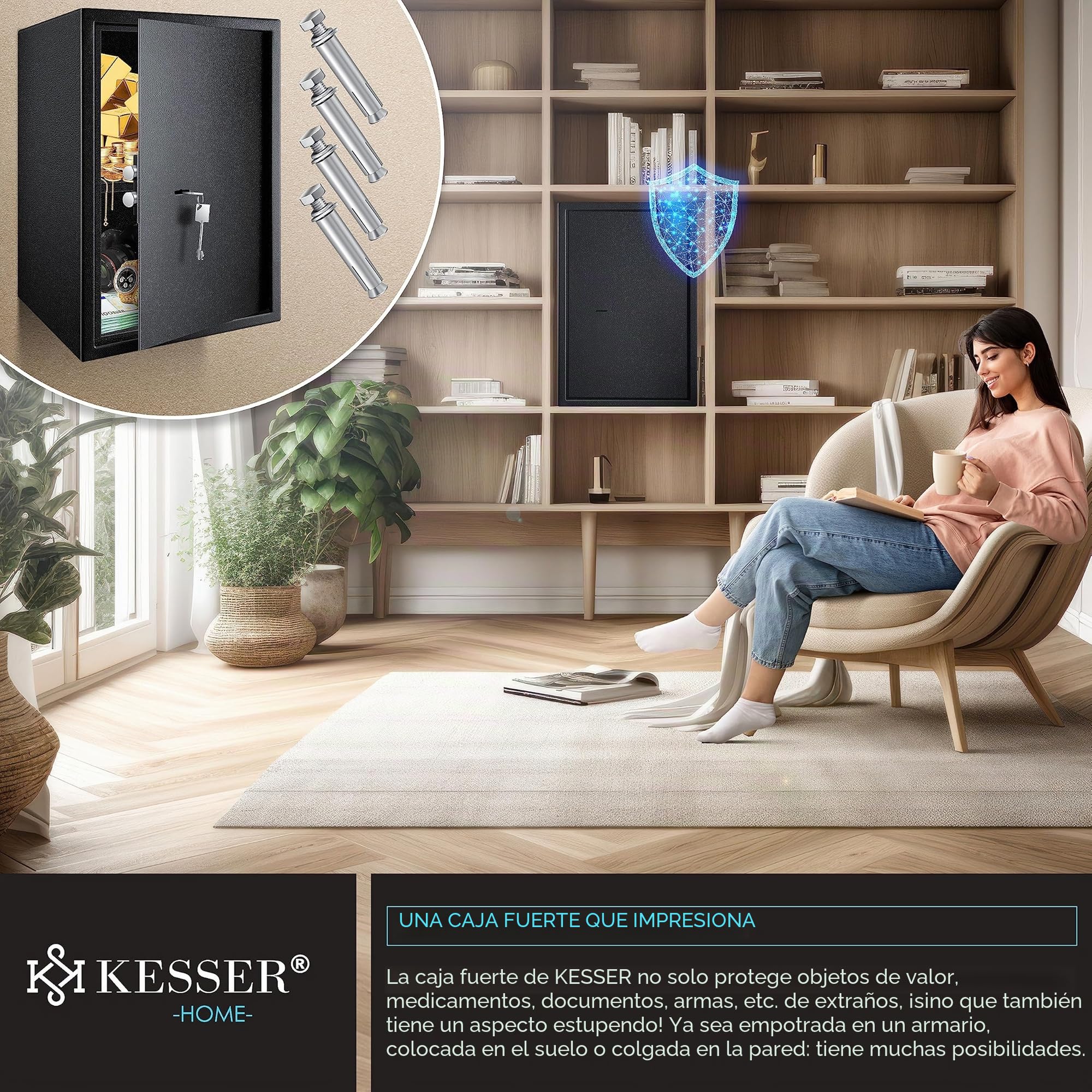 KESSER® Caja fuerte de suelo-pared, para muebles, con cerradura de doble paletón, armario para dinero 50 x 35 x 31 cm incluye 2 llaves