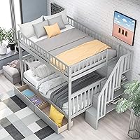 Vista 117 de Harper & Bright Designs Litera de tamaño matrimonial sobre matrimonial con 3 cajones, litera de madera maciza con almacenamiento y riel