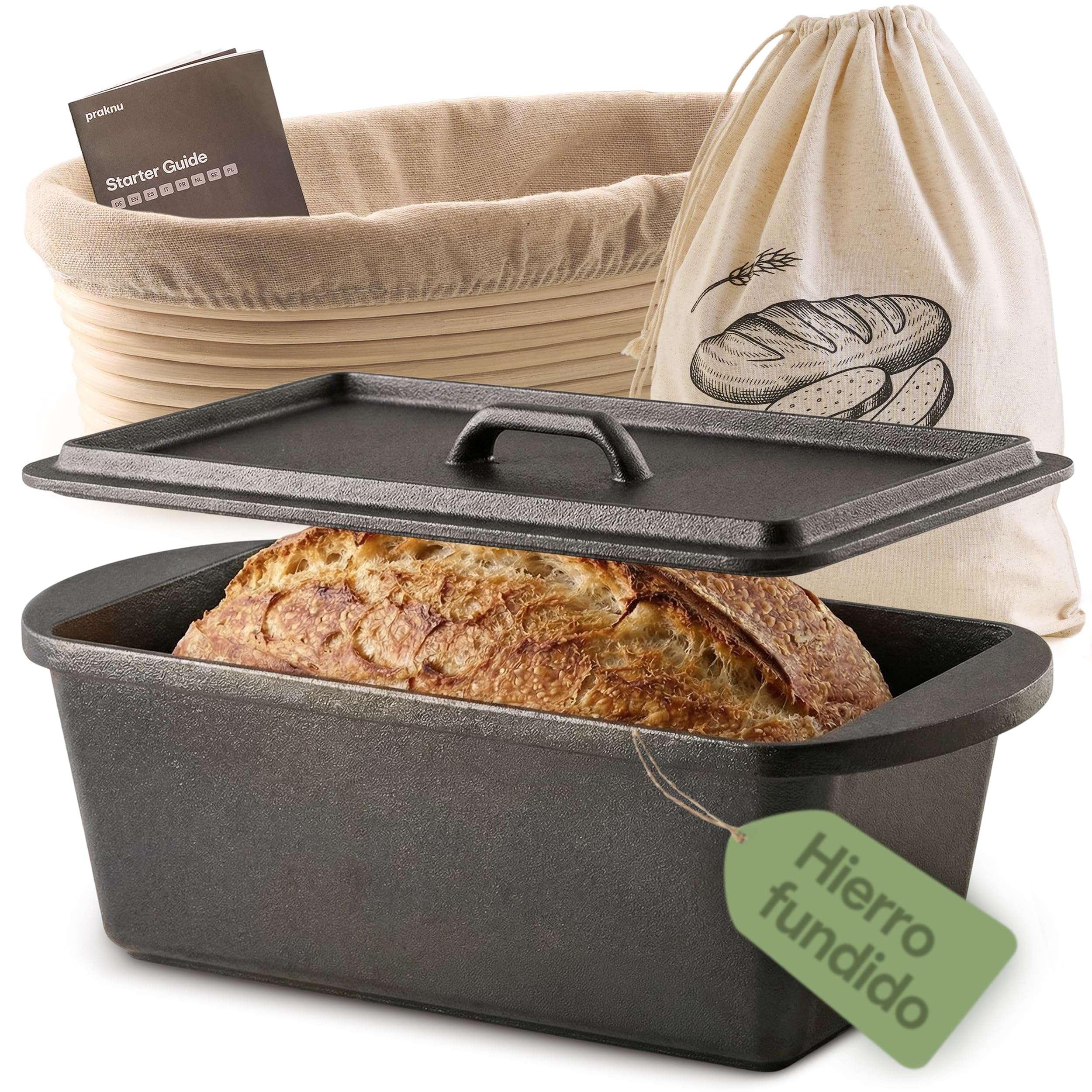 Praknu Set Olla Hierro Fundido (28 × 12 cm) – Cacerola Hierro Fundido Para Pan – Con Banetón Y Bolsa Para Pan – Tapa Incluida – 3 L Dutch Oven – Accesorios Pan y Cocina