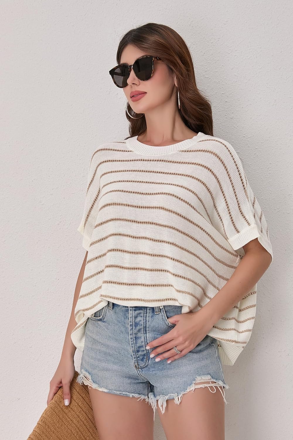 Short Sleeve Sweaters for Women 2026 Summer Casual Striped Cap Sleeve Tops Lightweight Hollow Out Knit Sweater Vest - Image 5