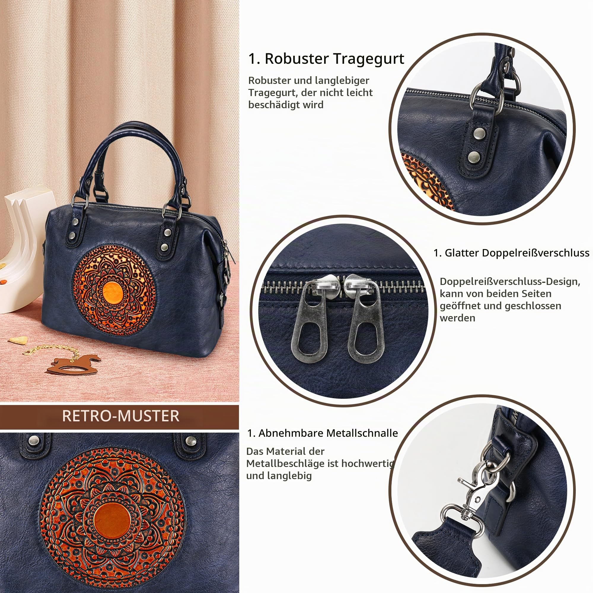 LETEULO Damen Handtasche Echtleder Vintage Umhängetasche Schultertasche Henkeltasche