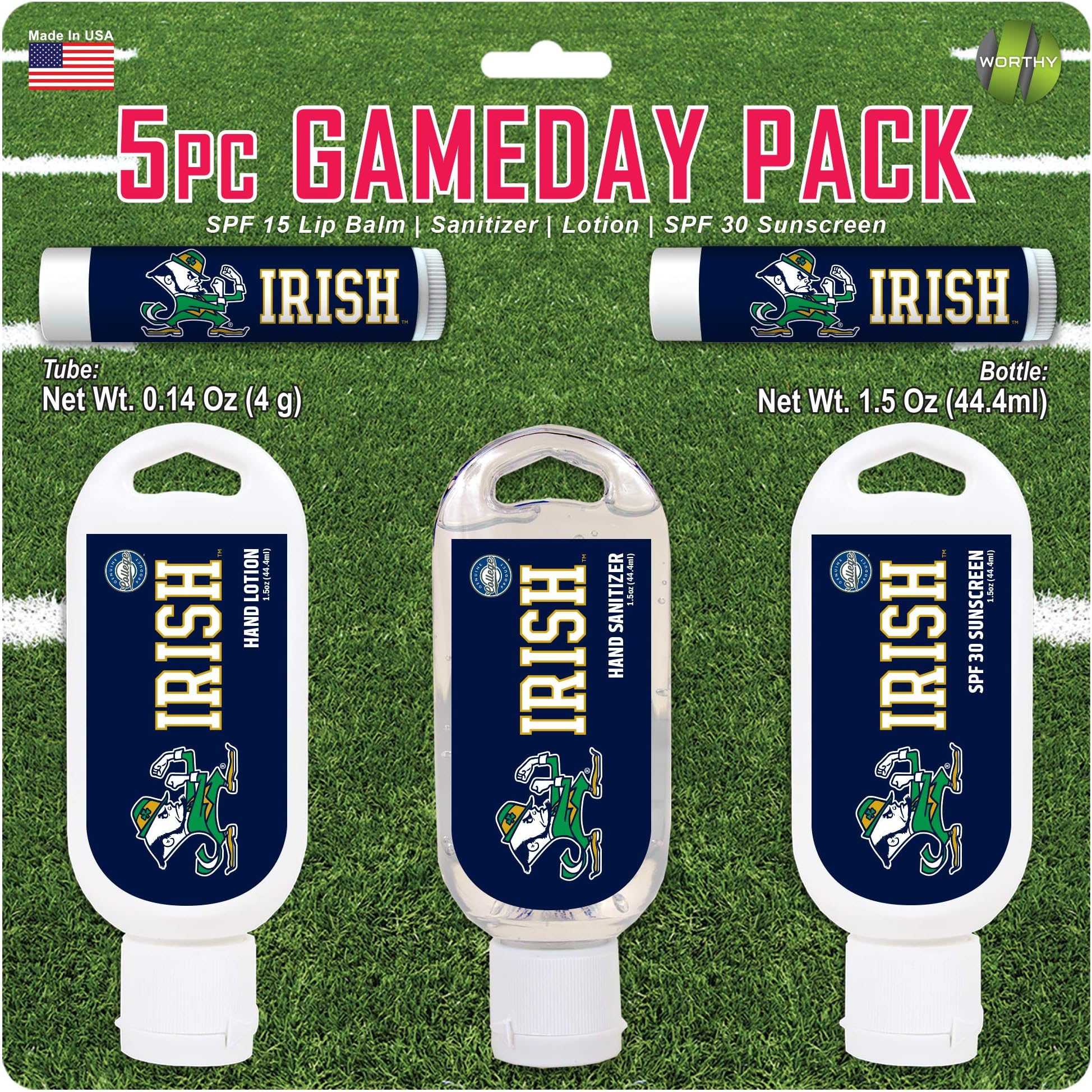 NCAA Notre Dame Fighting Irish 5-Piece Game Day Pack with 2 Lip Balms, 1 Hand Lotion, 1 Hand Sanitizer, 1 SPF 30 Sport Sunscreen, White, 8 x 8 x 1.5-Inch
