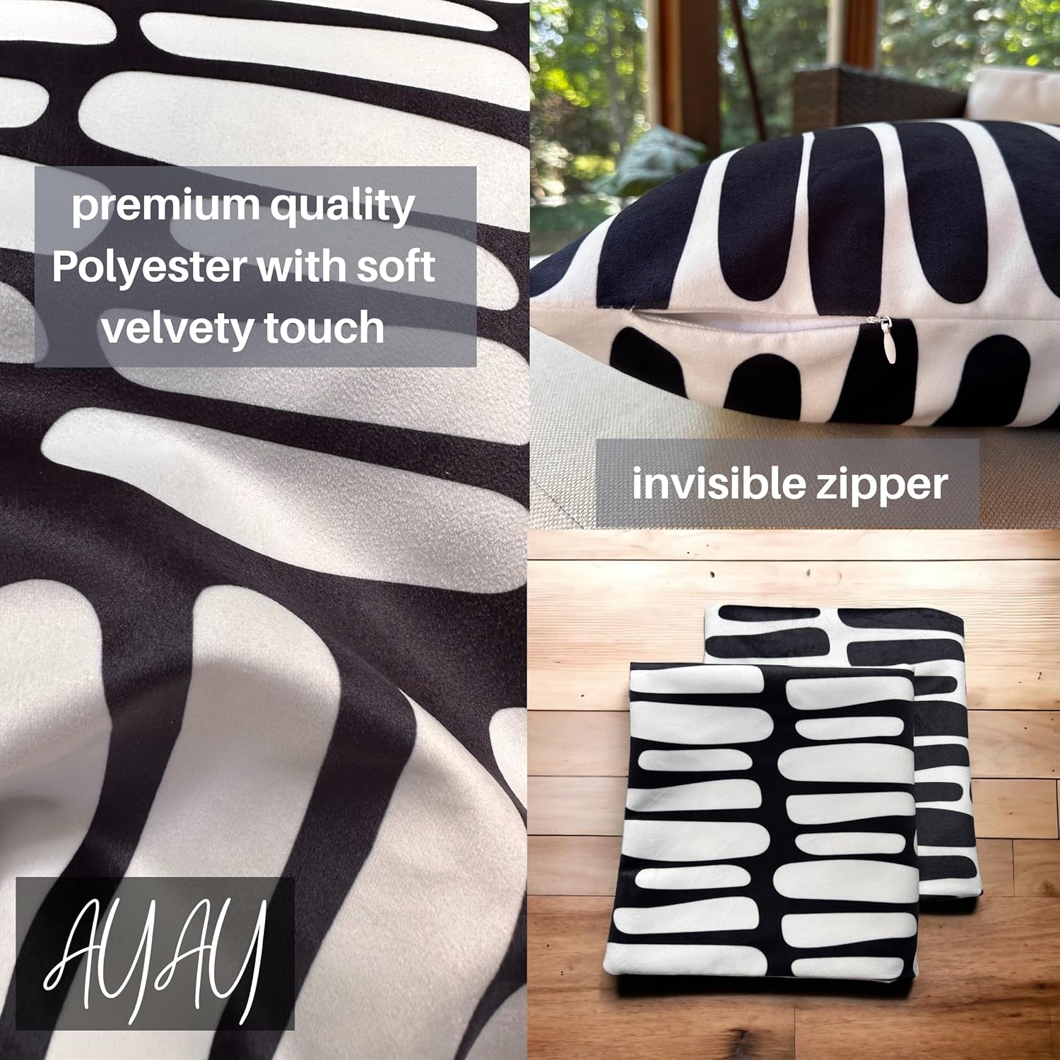 AYAY Decorative Modern Throw Pillow Covers 18x18 Set of 2 – Black and White Throw Pillows for Couch, Bed,Boho Throw Pillow Set, Printed Abstract Velvet Pillows, Washable Indoor Bedroom Pillowcases
