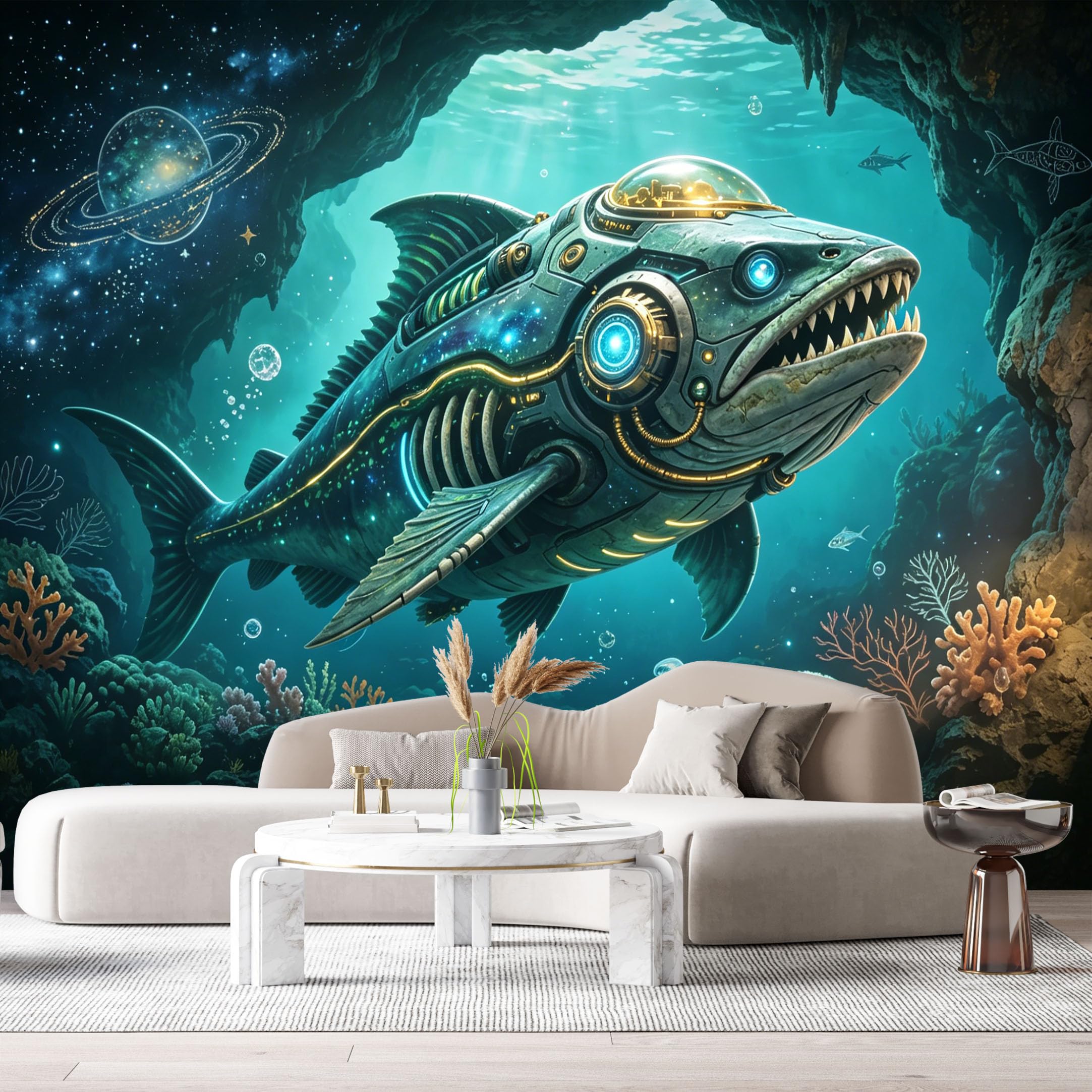 Custom Size Wall Mural Mechanical Deep Sea Fish SciFi Submarine Futuristic Ocean Creature 3D Art SelfAdhesive Art Prints Removable Large Wallpaper Esports Room Game Room Tenant Room Studio