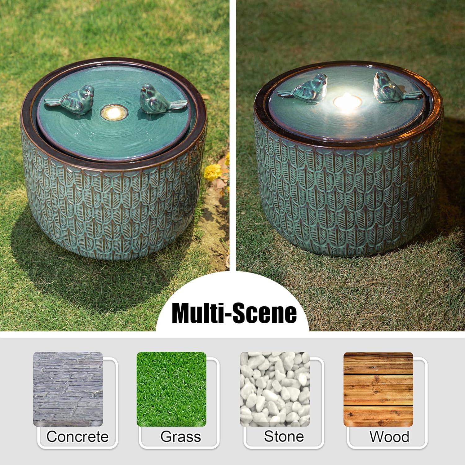 Glitzhome 14.75”H Outdoor Ceramic Water Fountain with LED Light and Pump, Embossed Leaf Pattern Floor Standing Bird Bath Fountain with Two Birds Decor for Patio Porch Deck Backyard, Turquoise