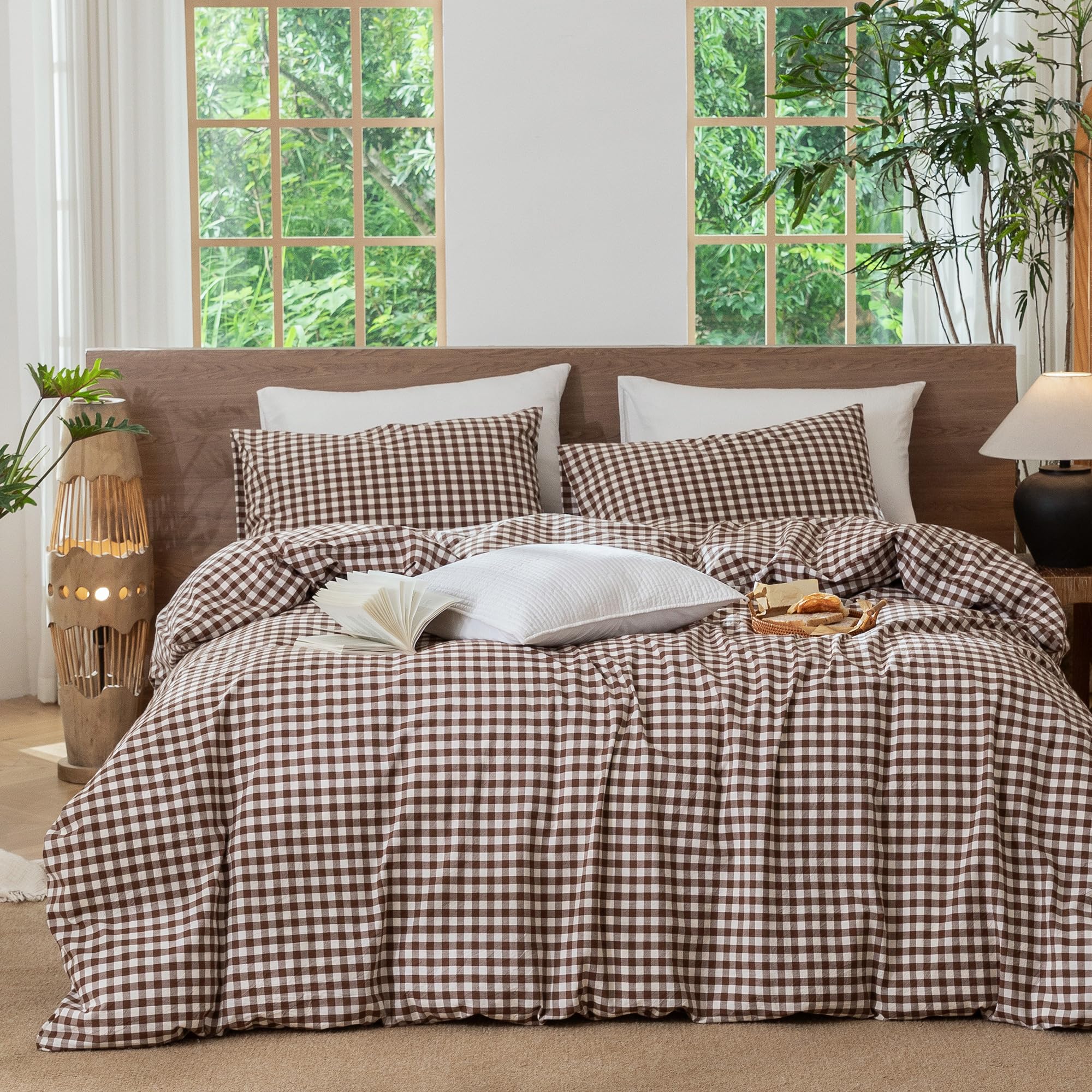 MooMee Gingham Duvet Cover Set 100% Washed Cotton Linen Like King