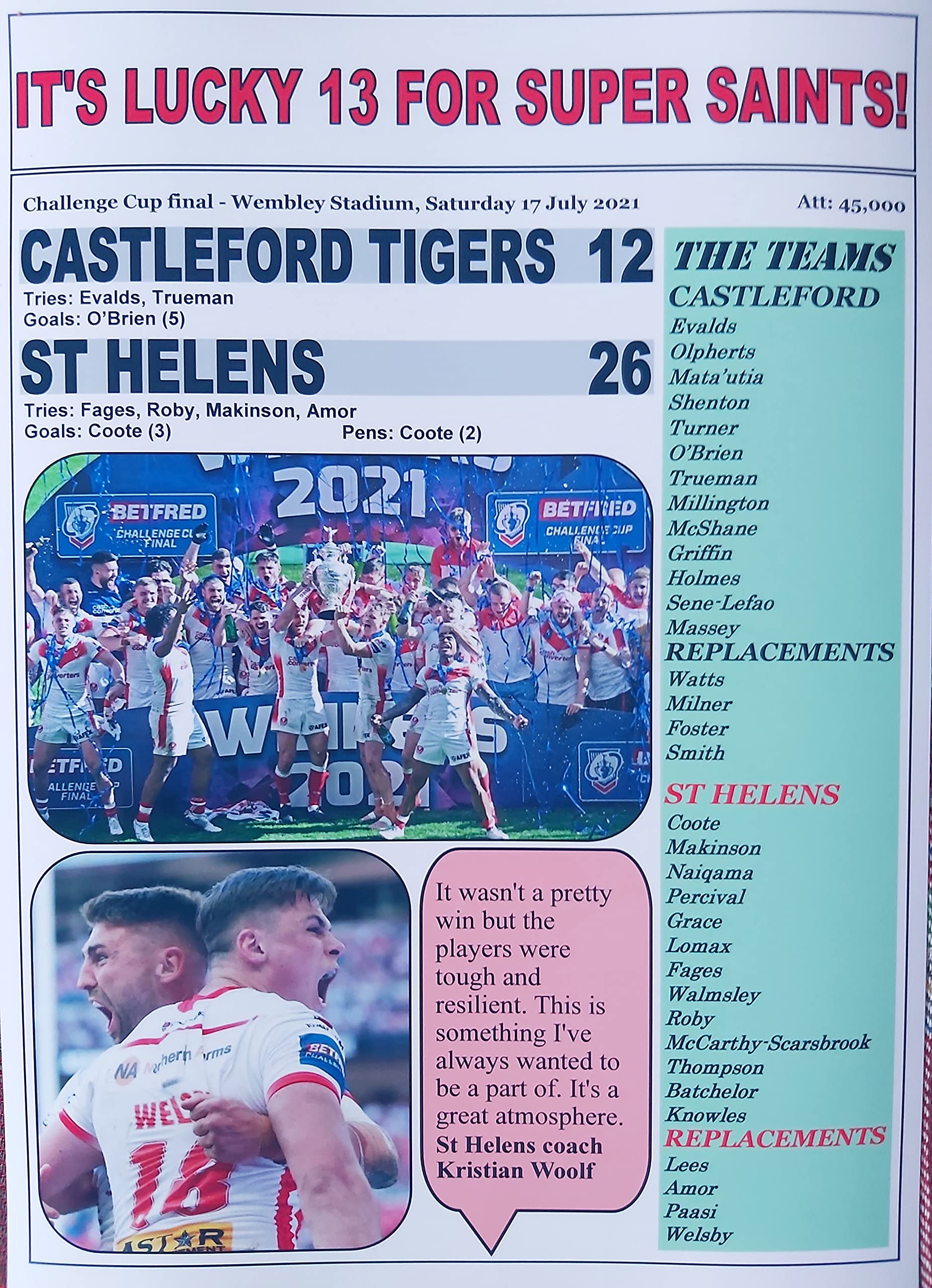 Sports Prints UK Castleford Tigers 12 St Helens 26-2021 Challenge Cup final - souvenir print