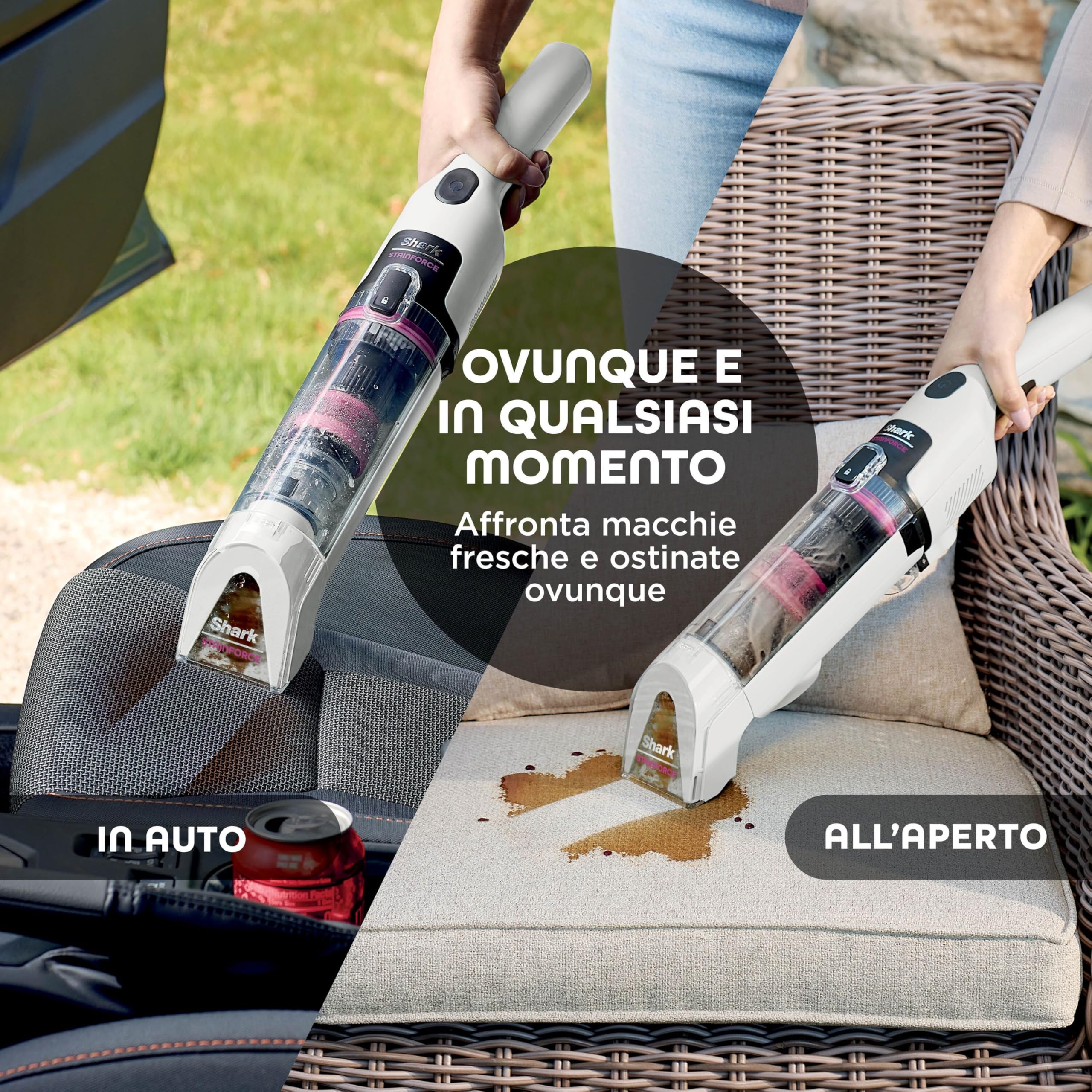 Shark StainForce Pulitore elettrico senza filo leggero, Elimina macchie e odori da tappeti, moquette, tappezzeria, scale, auto. Con cestello di stoccaggio, accessori e soluzione detergente, HX100EUT