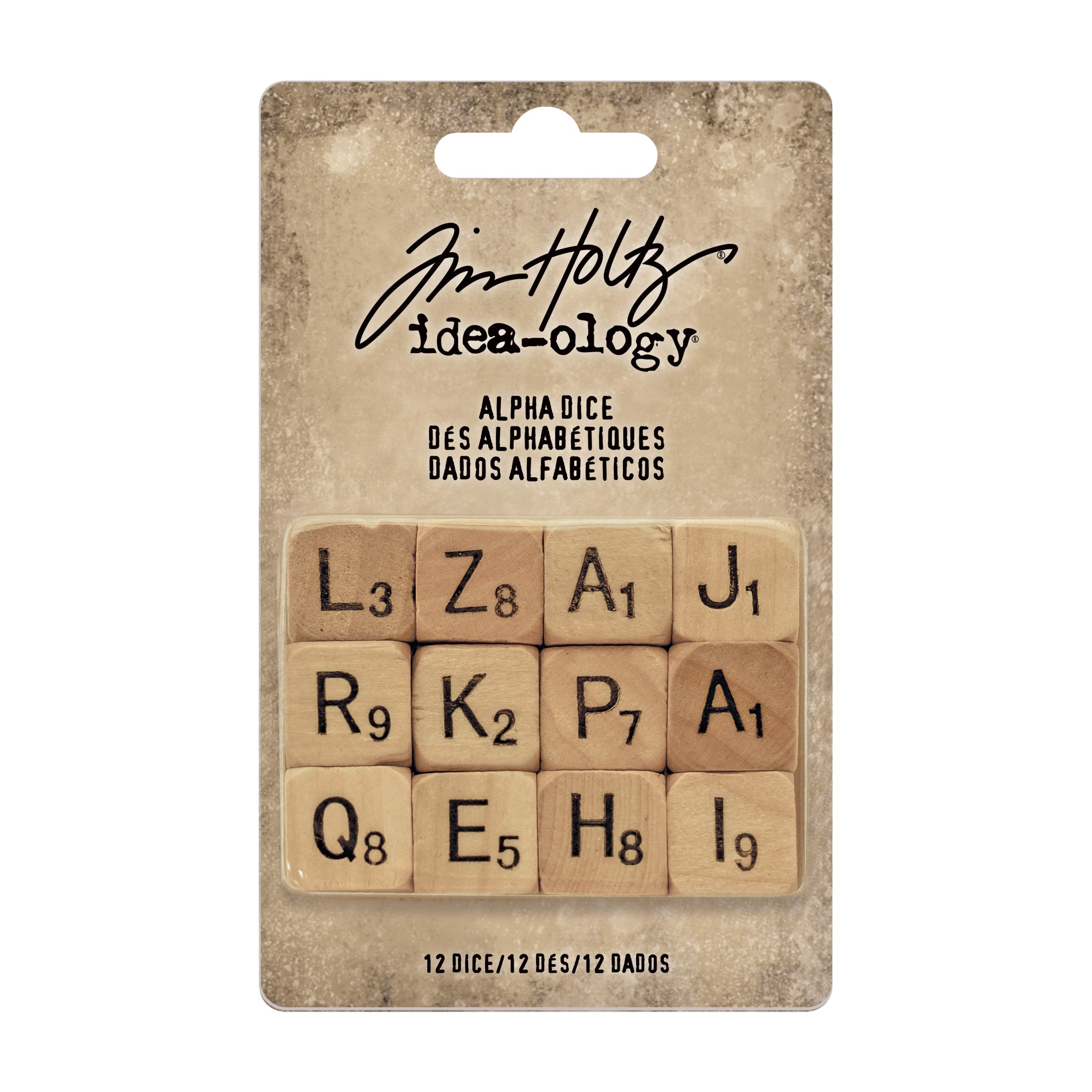 Tim Holtz Idea-ology Natural Wood Alpha Dice 12/Pack, 1/2 Inch Wooden Cube Dice (TH93293)