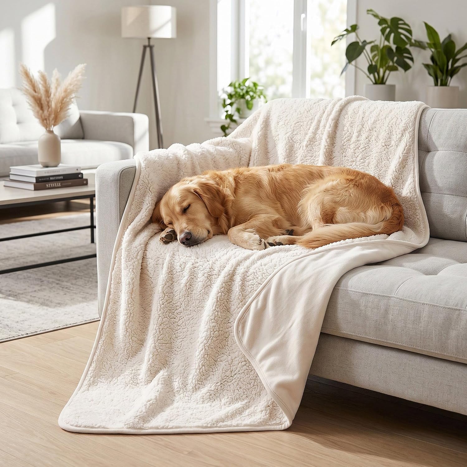 Waterproof Blanket for Couch - Dog Throw as Furniture Protector | Cozy Sherpa & Smooth Velvet, Reversible and Machine Washable, for Couch and bed, 50"x60", Beige