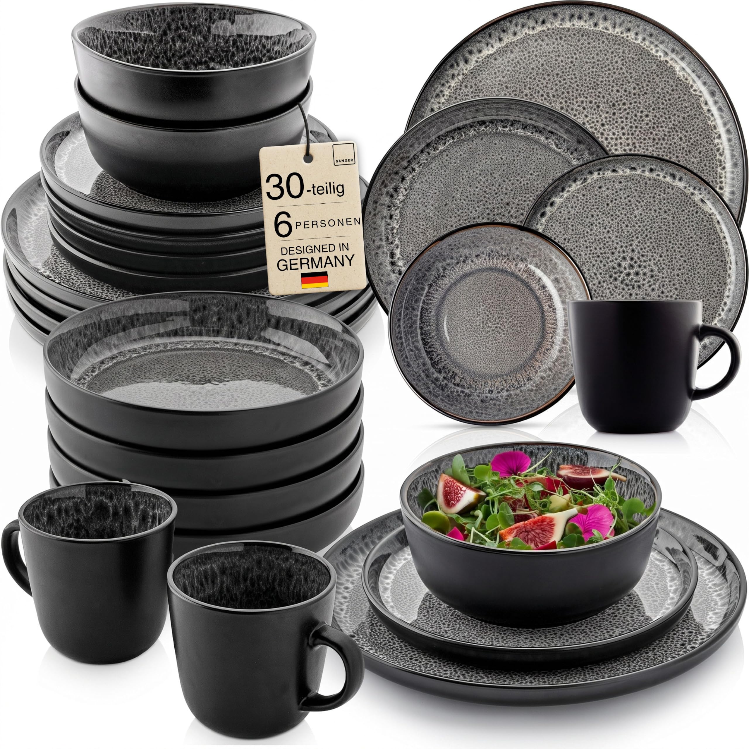 SÄNGER Sydney | Kombiservice 6 Personen, Teller Set Kaffeebecher Pastaschale 30 tlg, Steingut Geschirr Set spülmaschinen- mikrowellen- kratzfest, Geschirrset aus Steingut dunkel grau| VALUE COLLECTION