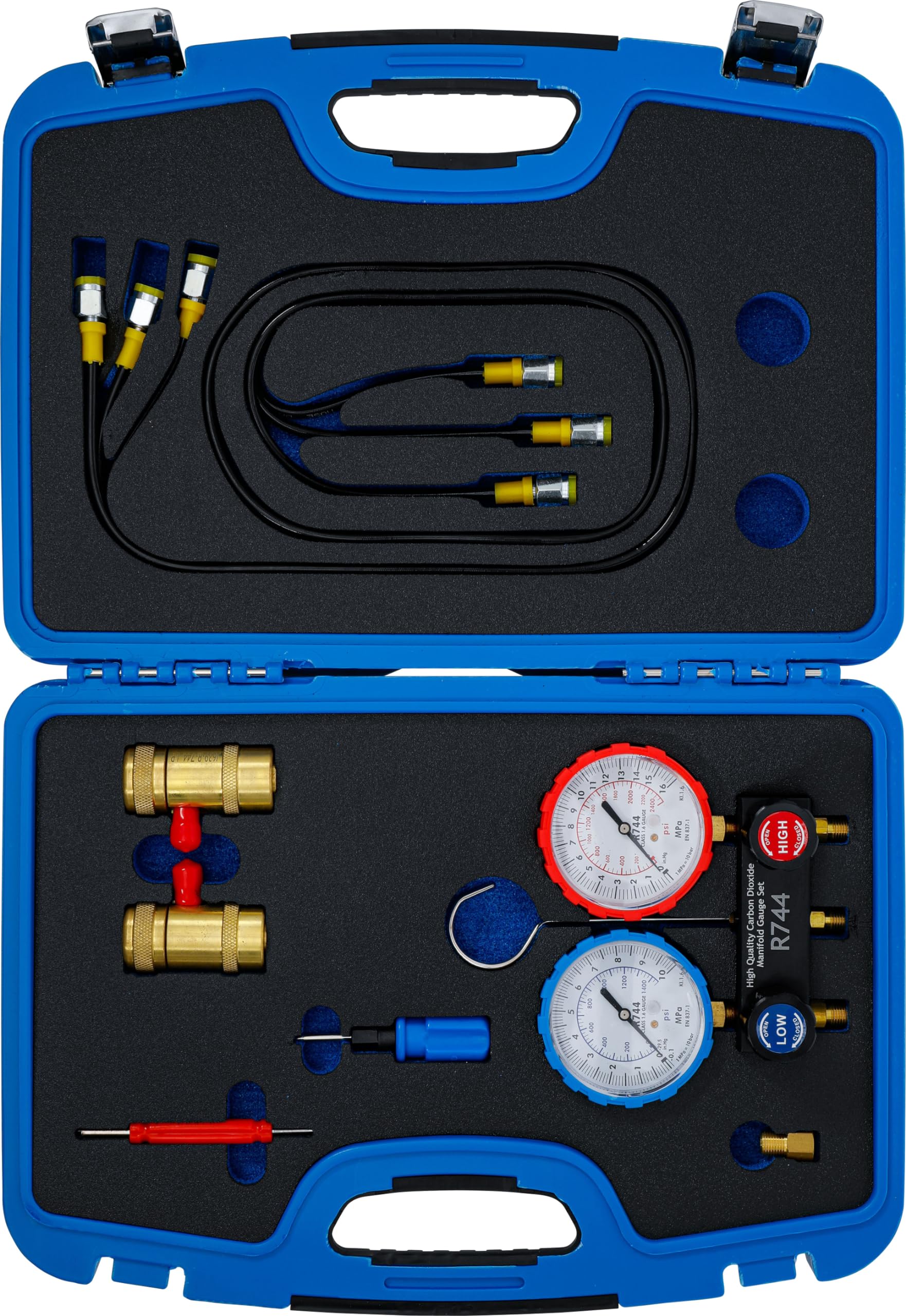BGS 74435 | Druckuhr-Armatur für Klimaanlagenprüfung | für Kältemittel R744 | Hoch- und Niederdruckschlauch | Verbindungsschlauch zum Servicegerät | Druckuhren Ø 70 mm | Ventilblock mit Absperrventilen