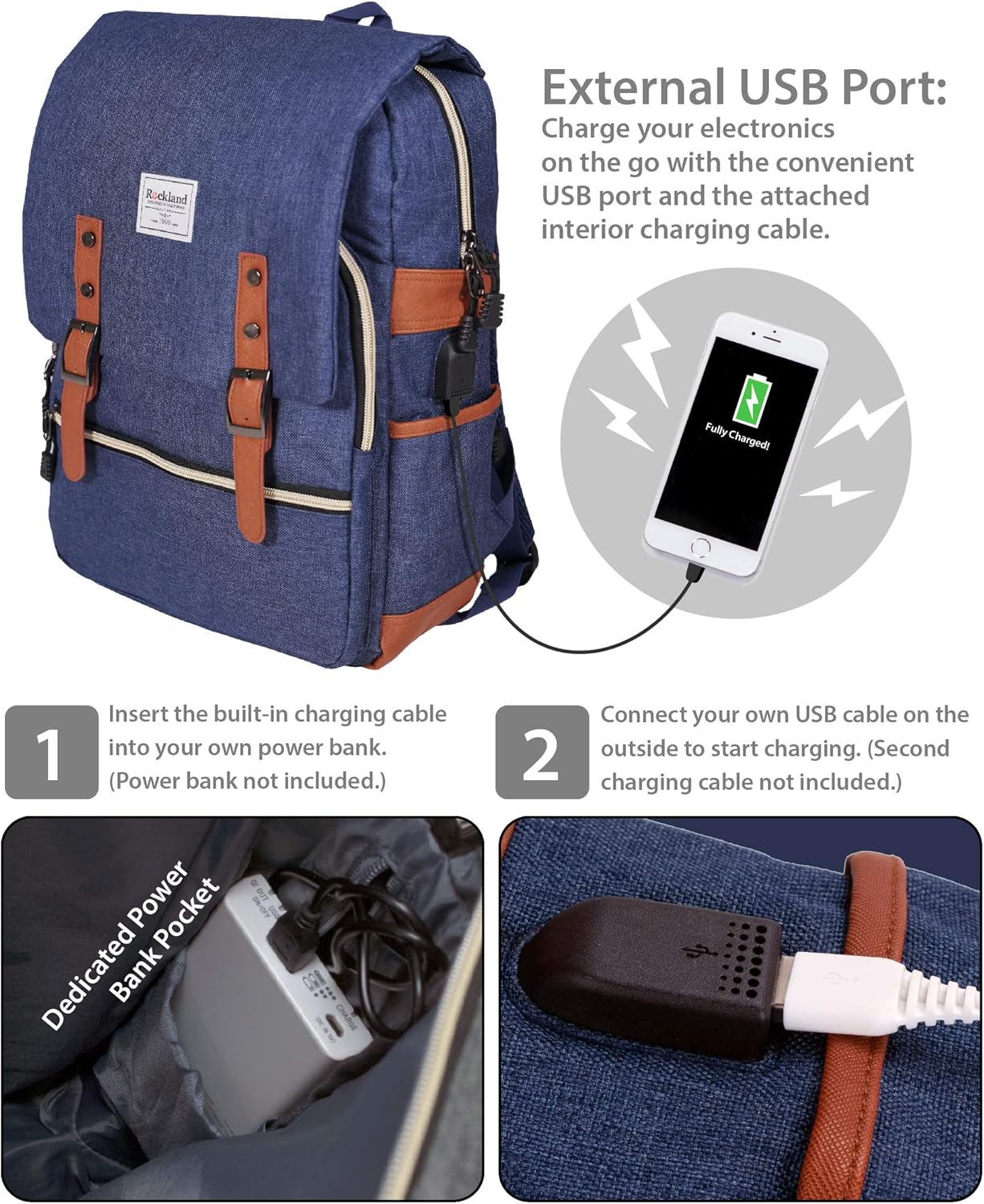 Rockland Heritage USB Laptop Backpack, Blue, Large : Electronics