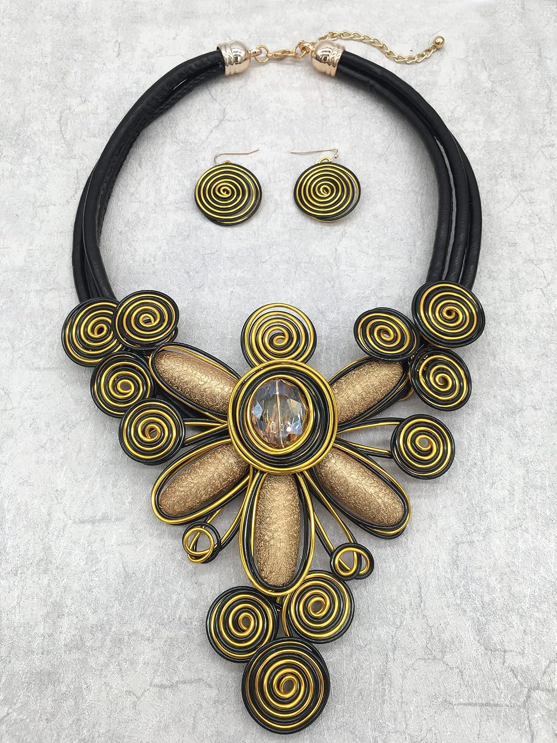 Chunky African Jewelry Statement Necklace For Women Tribal Fashion Costume Earring Set Unique Rhinestone Crystal Gold Wire Wrapped Big Wood Pendent Collar Choker Bib Handmade image 4