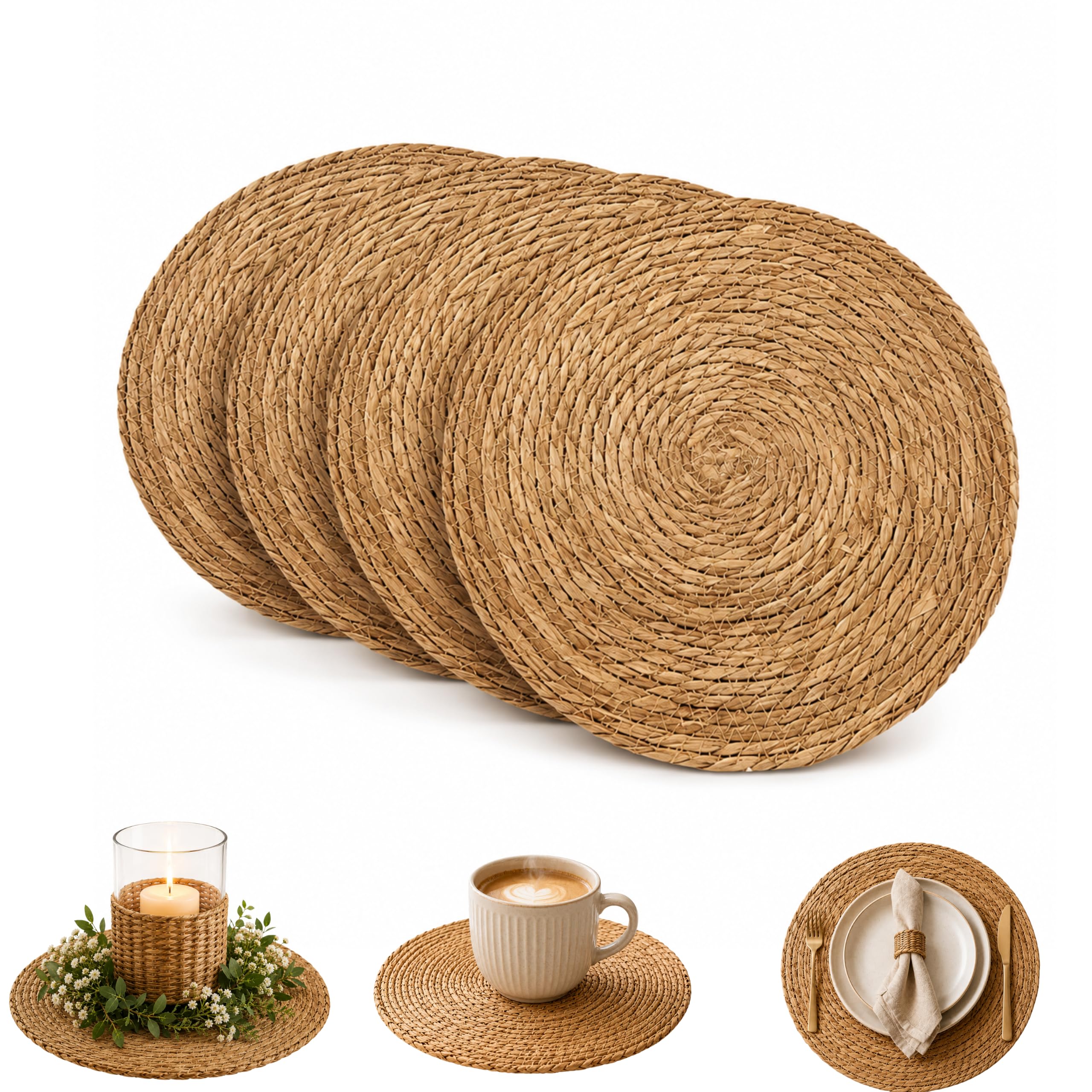 4‑pack Round Woven Placemats, 20cm Natural Straw Dining Table Mats