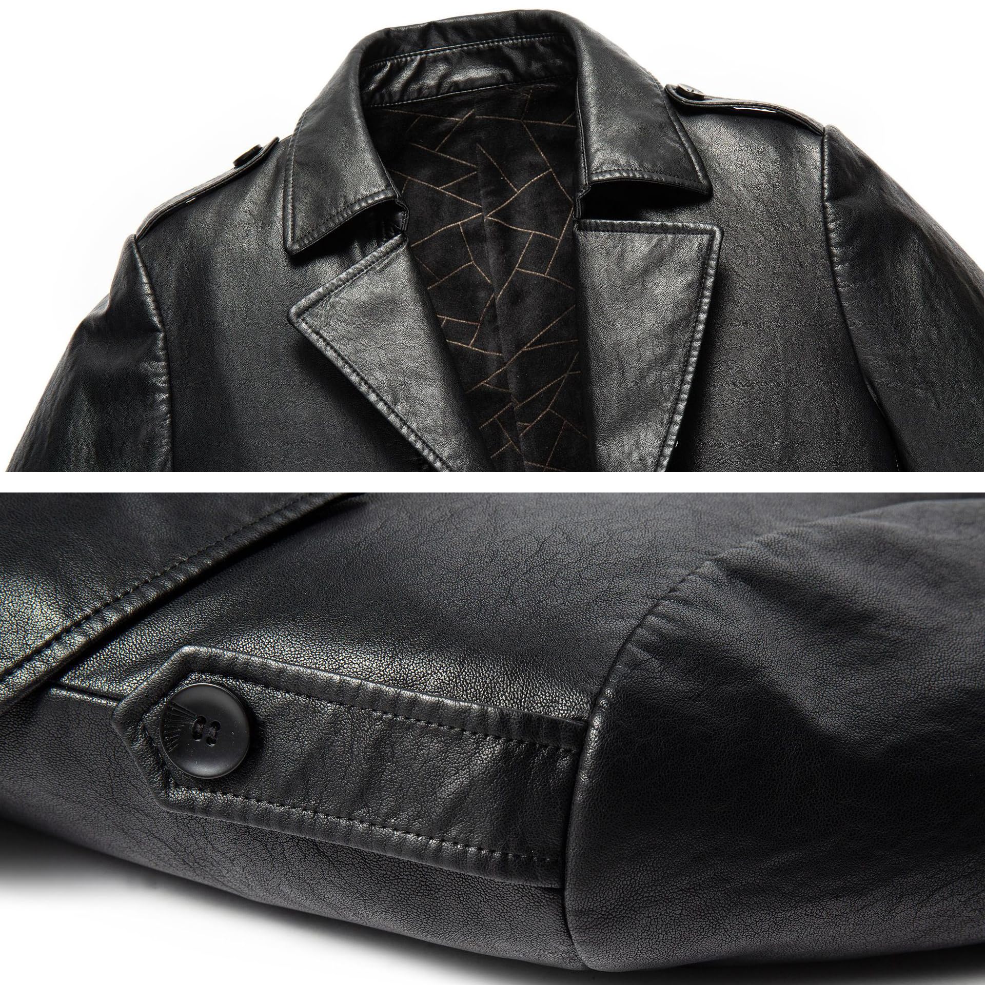 Giacca in Vera Pelle da Uomo, Cappotto Autunnale e Invernale con Risvolto da Lavoro, Giacca Antivento, Giacca Antivento di Media Lunghezza, Cappotto Caldo Autunnale e Invernale,Black-M