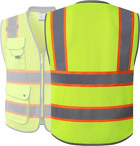 Miniatura 5 de JKSafety Chaleco de seguridad de alta visibilidad con 9 bolsillos, tela de malla transpirable, cuello acolchado, utilidad de trabajo, equipo de