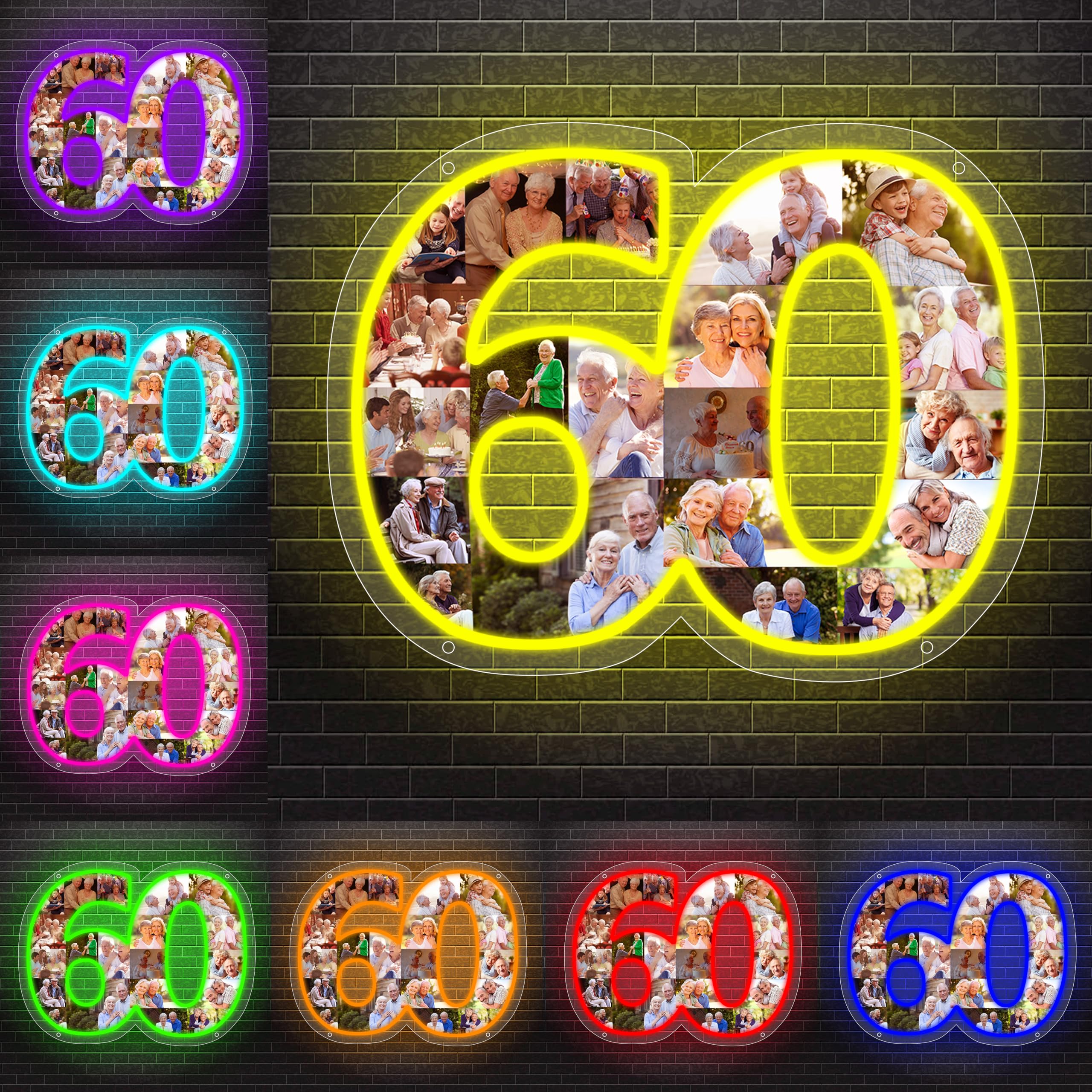 Personalzied Number Photo Collage Neon SignLights Custom 60th Birthday Anniversary Wall Photo Night Light 1-20 Picture Collage Lamp Baby Shower Photo Frame Collage for Family Christmas Holiday Party