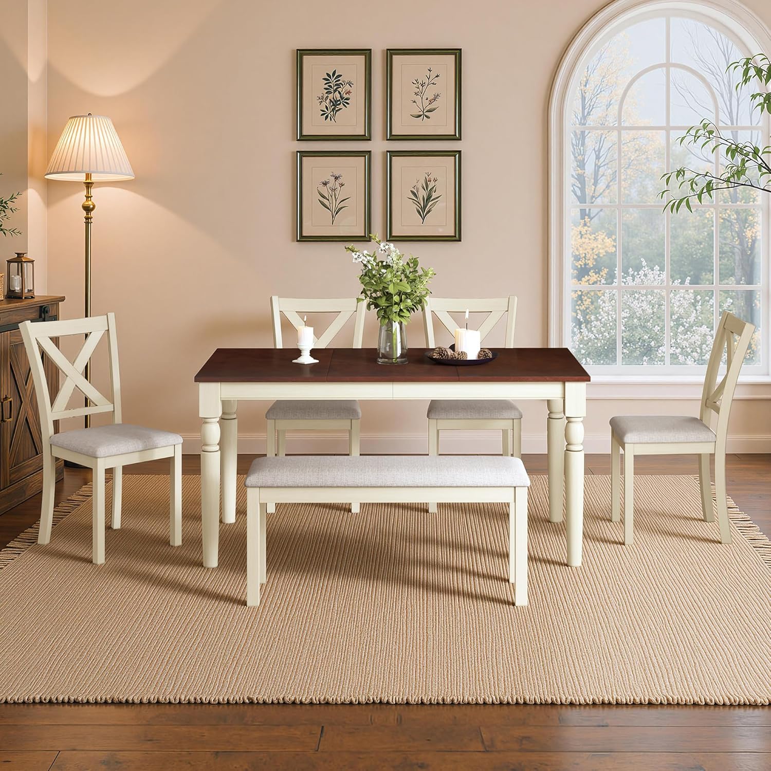 LUXOAK 60" Farmhouse Dining Table Set for 6, Solid Wood Kitchen Table with 4 Upholstered Chairs & Bench, 6-Piece Dining Room & Living Room Furniture, Cream White