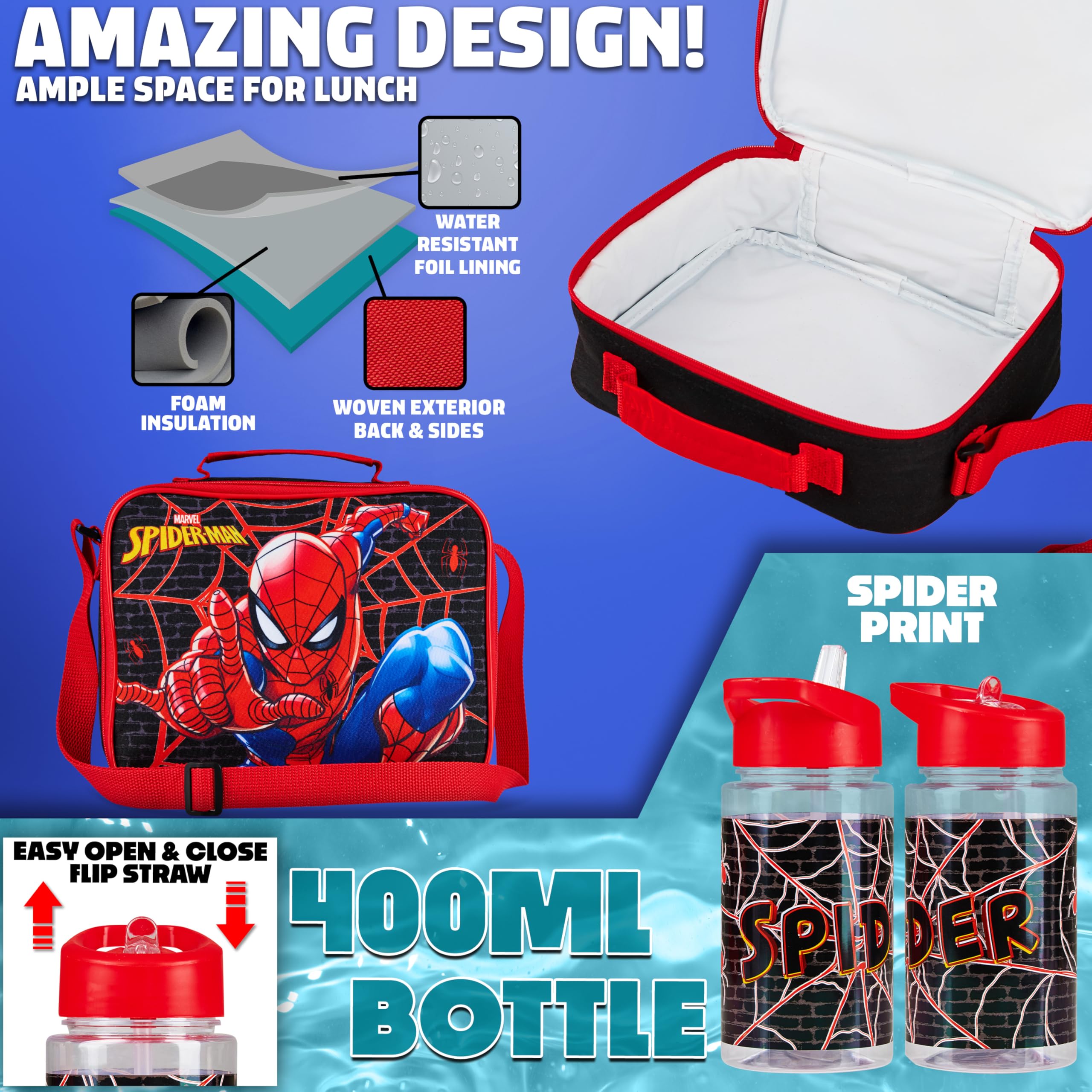 Marvel Spiderman Mochila Escolar Set de 4 Piezas con Botella Agua Estuche Niño Bolsa Almuerzo Superheroes Material Escolar
