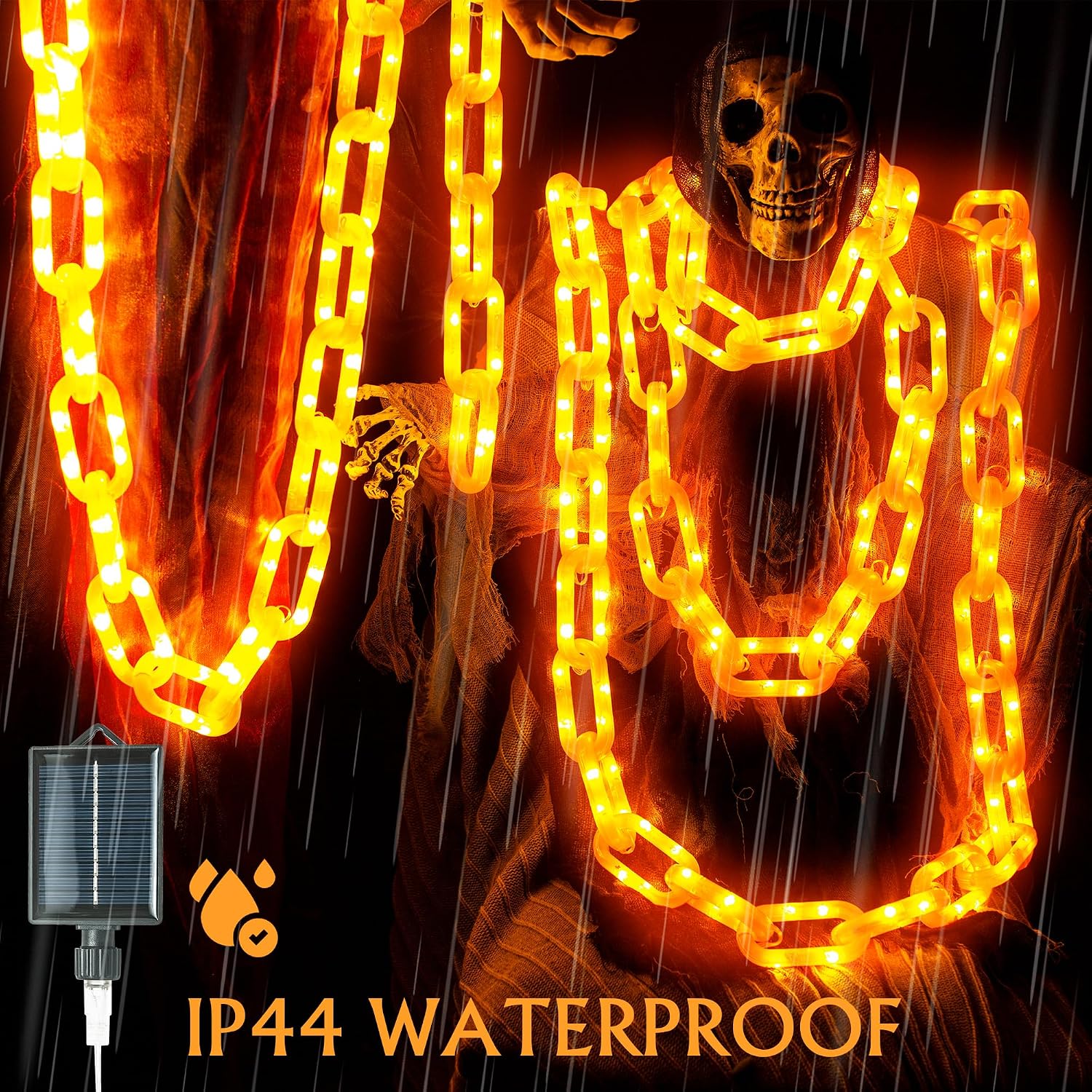 Halloween Decoration Solar Light String,6.6FT, 100 LED Orange Chain Lights. IP44 Waterproof, 8 Lighting Modes. Perfect For Horror Costume Accessories, Haunted House Courtyards & Halloween Party Decor.
