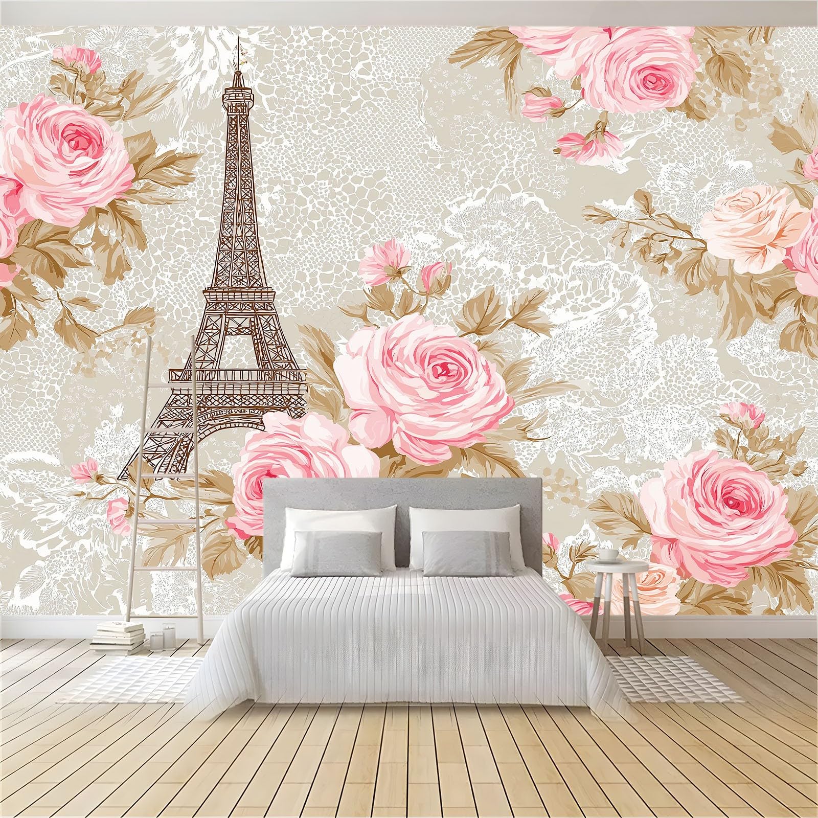 Générique Panoramiczna tapeta w stylu vintage romantyczna wieża różowa koronka 250 x 175 cm, tapeta 3D ciemnoszara z włókniny, gigantyczny plakat do salonu, sypialni i biura
