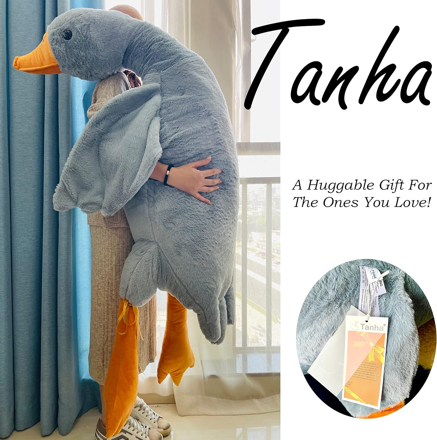 Tanha Giant Goose Plush, 6 Foot Goose Stuffed Animal, Cute Stuffed Goose, Soft Grey Duck Plush Gift for Girlfriend, Kids or Best Friend（75inch, 190cm）