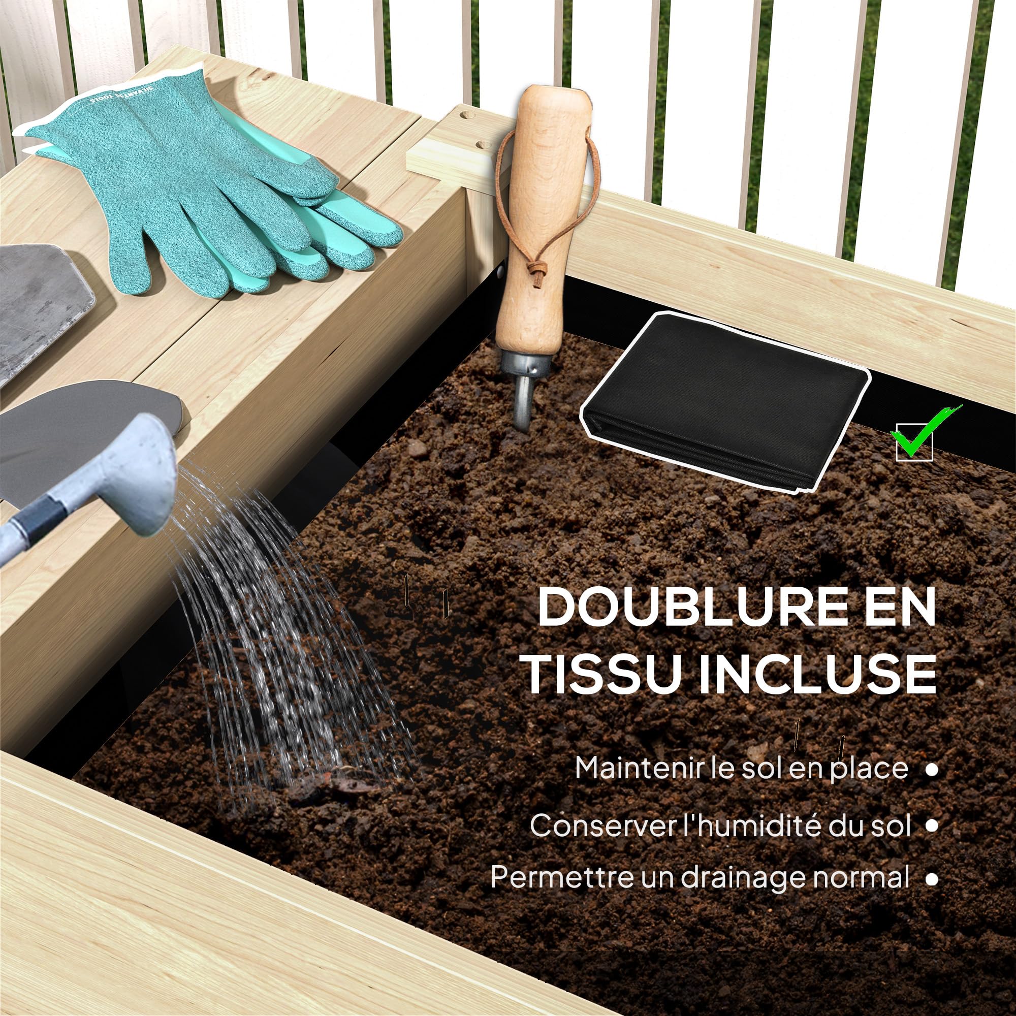 Outsunny Jardinière sur Pieds 2 Bacs 207 x 59 x 78 cm Bois Naturel | Carré Potager de Jardin sur Pieds, 2 Bacs avec Séparateur, Tablette Pliable, Potager Surélevé en Bois pour Fleurs