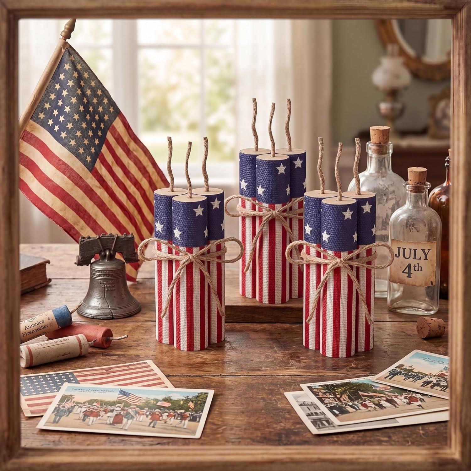 Maitys 12 Pcs Firecracker Decorations 4th of July Tiered Tray Decor Wooden Patriotic Table Decor Independence Day 250th Anniversary Firework Signs Red White Blue Centerpieces for Home Table Top Office