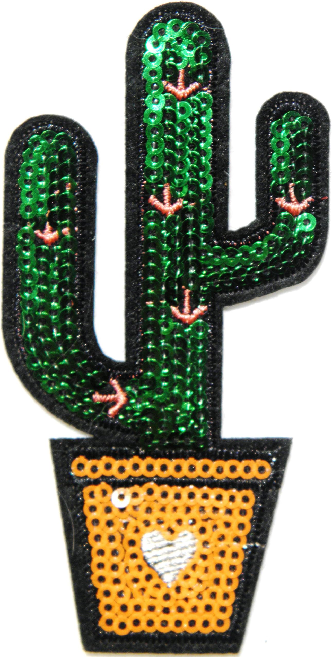 Cactus Heart Pot Valentine's Day Sparkly Sequin Shiny Blink Patch Sew Iron on Embroidered Applique Craft Handmade Kid Girl Women Lady Cloths Jacket T shirt DIY Decorative Costume Gift