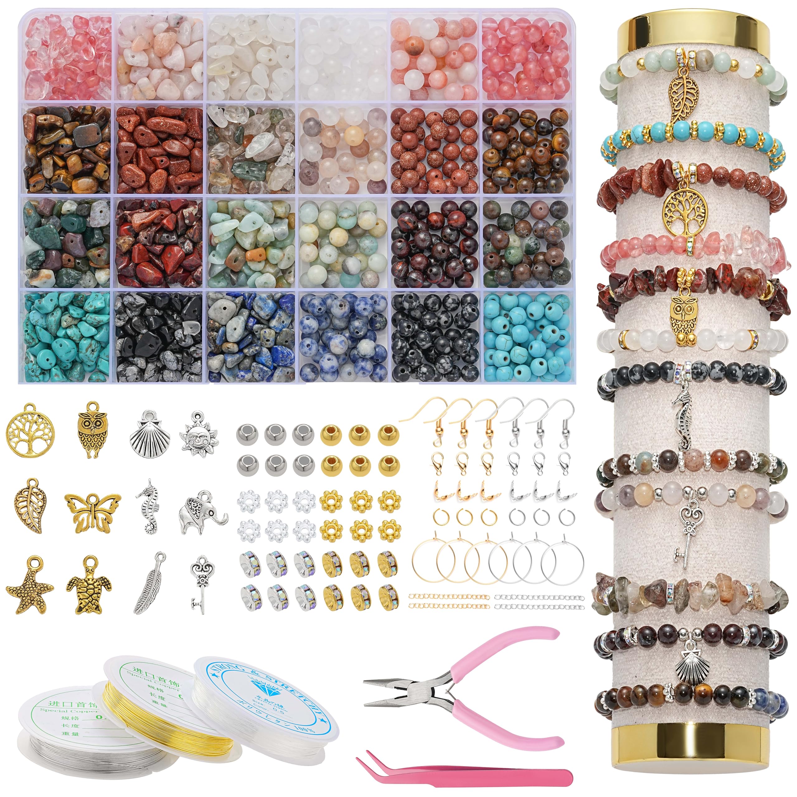 Leuyuee Perle naturali per braccialetti di perle con pietre preziose Set di perle da infilare Set di perline per albero di cristallo fai da te Albero della vita Gioielli fai da te Collana Orecchini