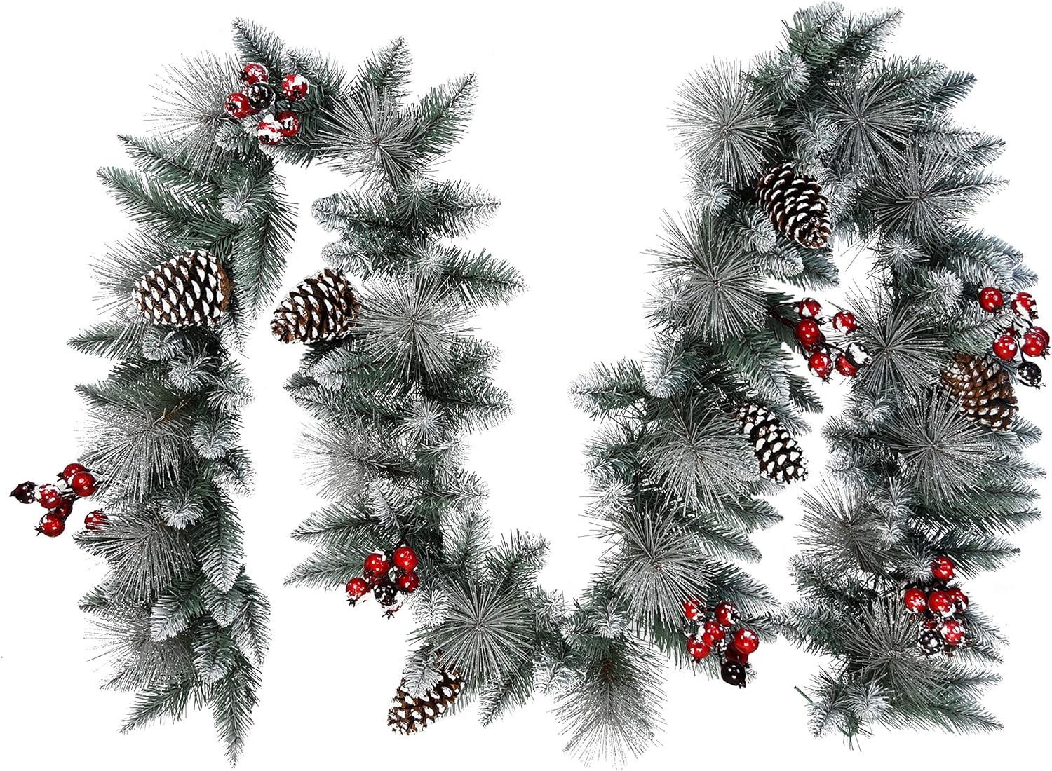 Puleo International Pinecones, Red Berries and Silver Glitter Accents, Blue/Green 9 ft Sterling Pine Artificial Christmas Garland, 144"