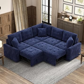 Convertible Sofa Bed Couch, L-Shaped Sectional Sleeper Sofa with Pull Out Bed, Corded Velveteen Cloud Couch with Charge Port, Pull Out Couch Bed for Living Room Blue