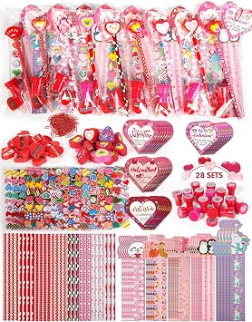 Valentine Gifts for Kids School, 28 Packs Stationery Set from Teachers to Students, Valentines Kids Gift Set Cards with Stickers, Pencils, Erasers, Valentines Day Classroom Exchange Party Favor Toy