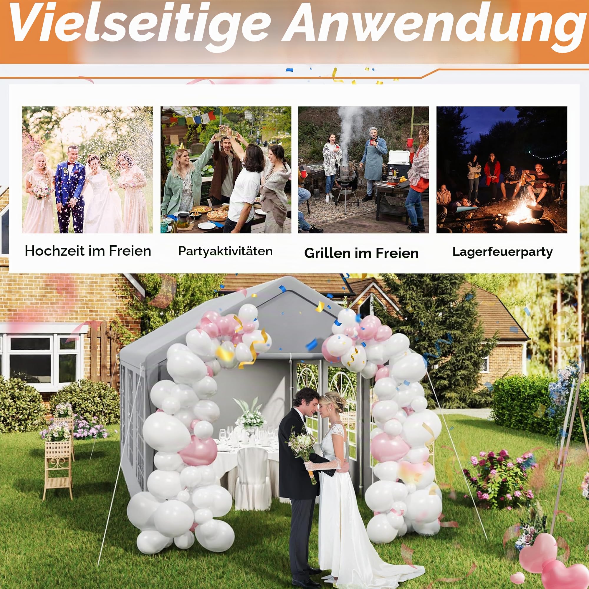 SUBTLETY Pavillon 3x6 Wasserdicht Stabil Winterfest Gartenzelt mit 4 Seitenwänden Vollverzinkte Stahlrohre Gartenpavillon Partyzelt für Private Feiern, Gartenfeste, Märkte & Events (Grau)