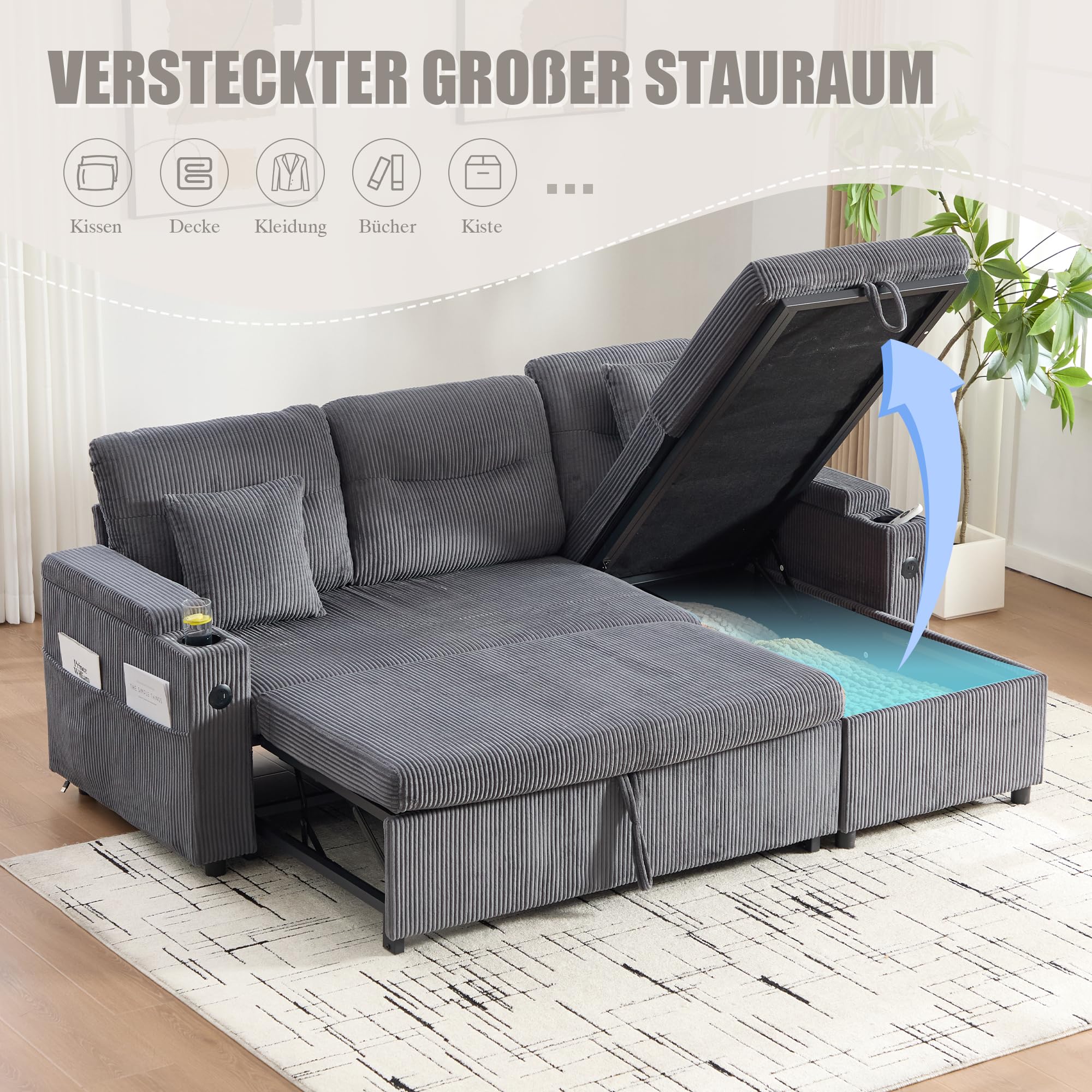 Sapgaks Canapé d'angle Convertible en L avec Espace de Rangement,Porte-gobelets et USB-C,Canapé lit Pliant Moderne,canapé Convertible 3 Places en Velours côtelé (H-Gris Carbone)
