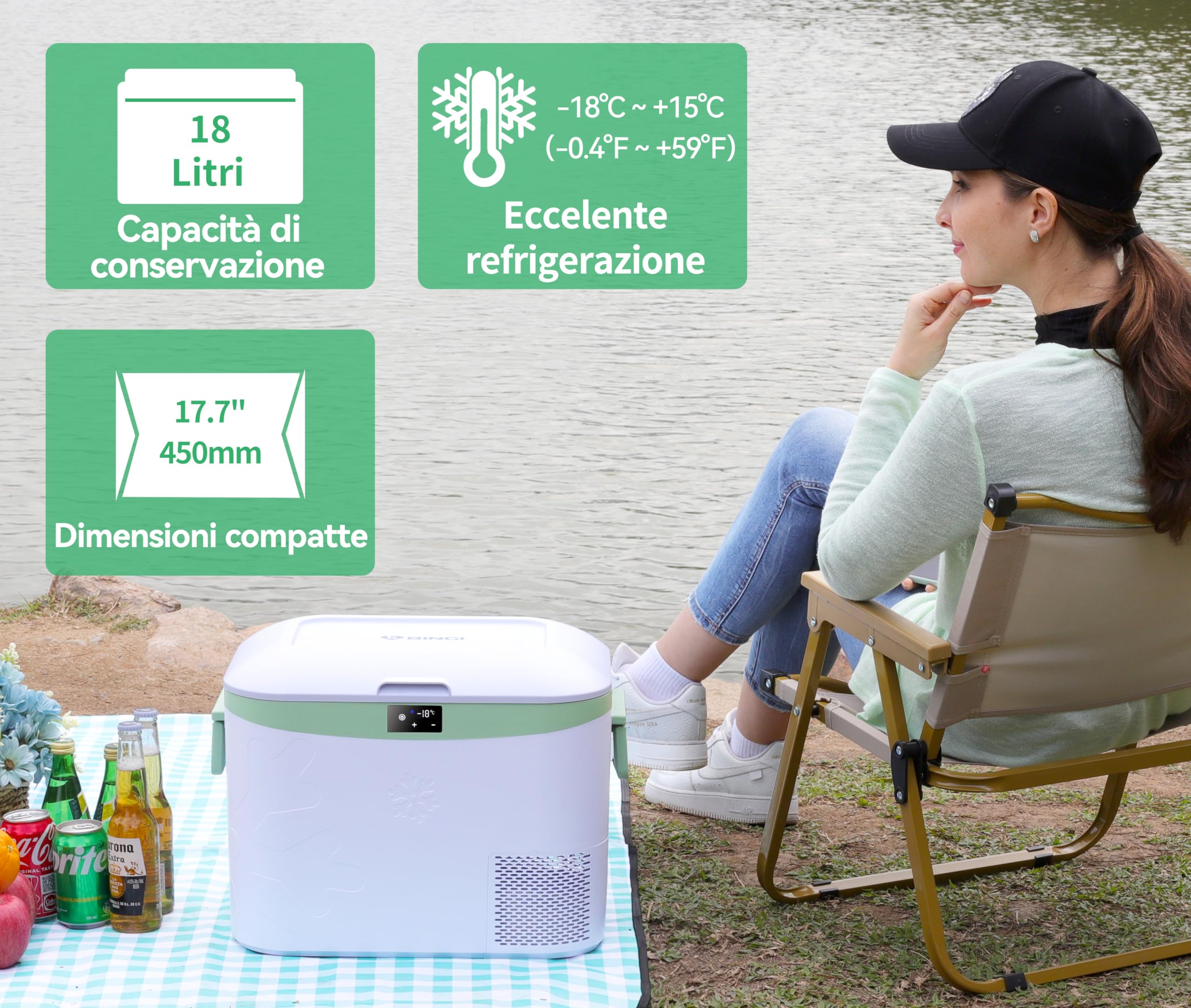 BINGI 18L Frigorifero Portatile Elettrico,Congelatore Portatile per Auto,Mini Frigorifero da Campeggio Frigo Elettrico 12V/24V/220V compressore per RV Camion,Barca,Camper