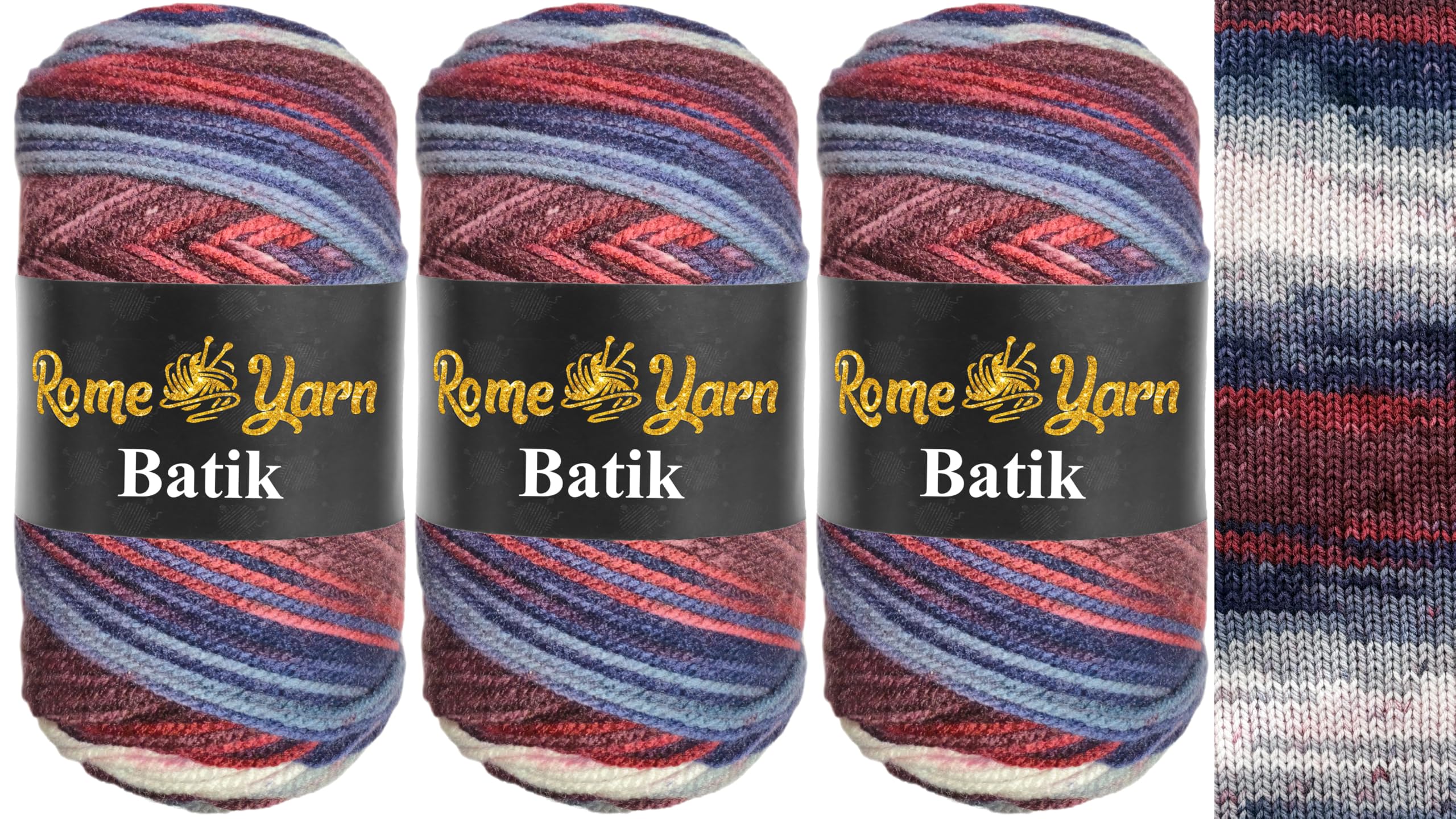 Rome Yarn Batik Knitting Yarn 3 × 100 g Pack - 100% Acrylic Aran Weight (#4 Medium), Self-Patterning Multicolour Yarn for Knitting and Crochet (1903)