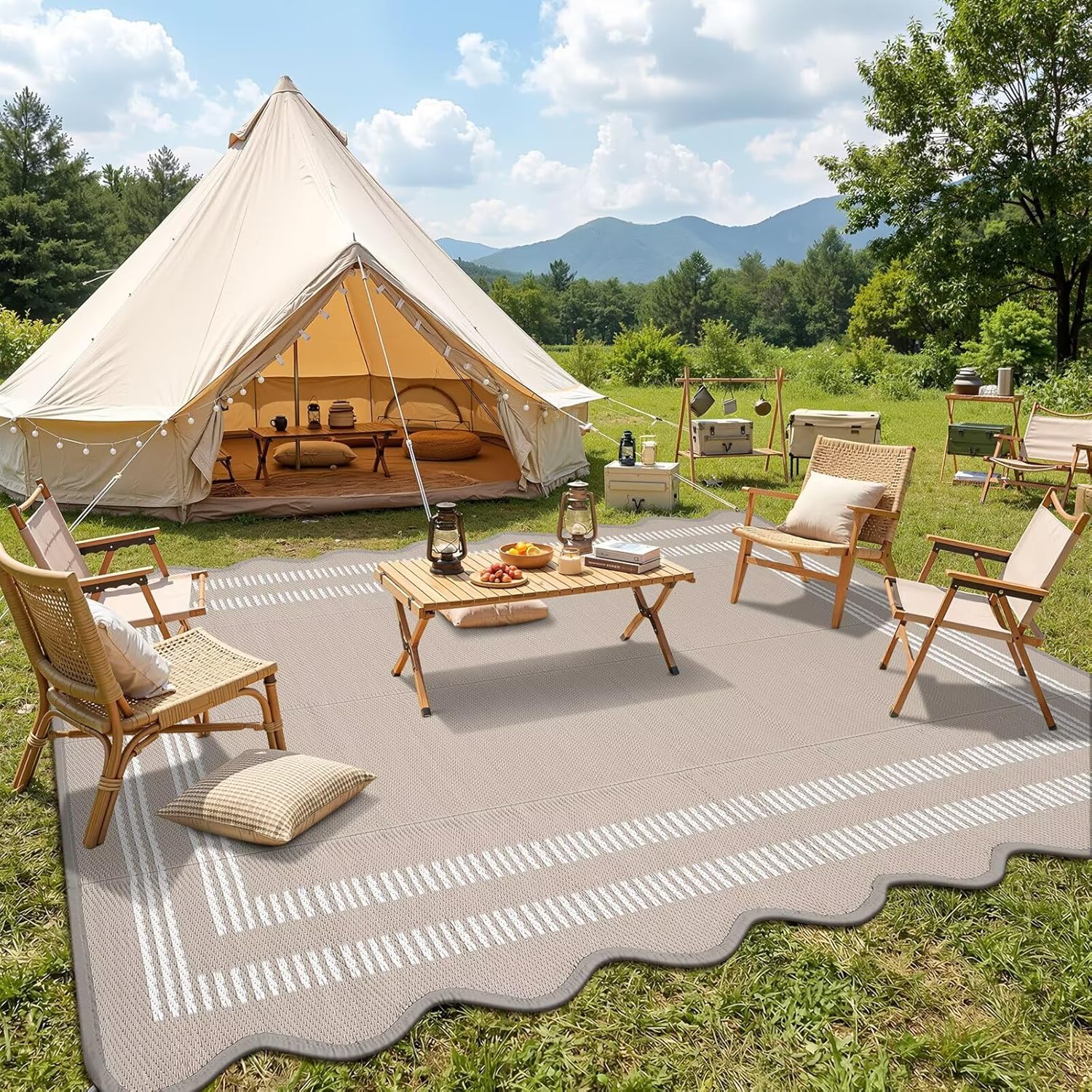 garvee waterproof outdoor rug 9x12, scalloped geometric foldable plastic straw patio camping rug, outdoor rv carpet for deck camper porch balcony backyard picnic beach gray brown gray brown 9' x 12'