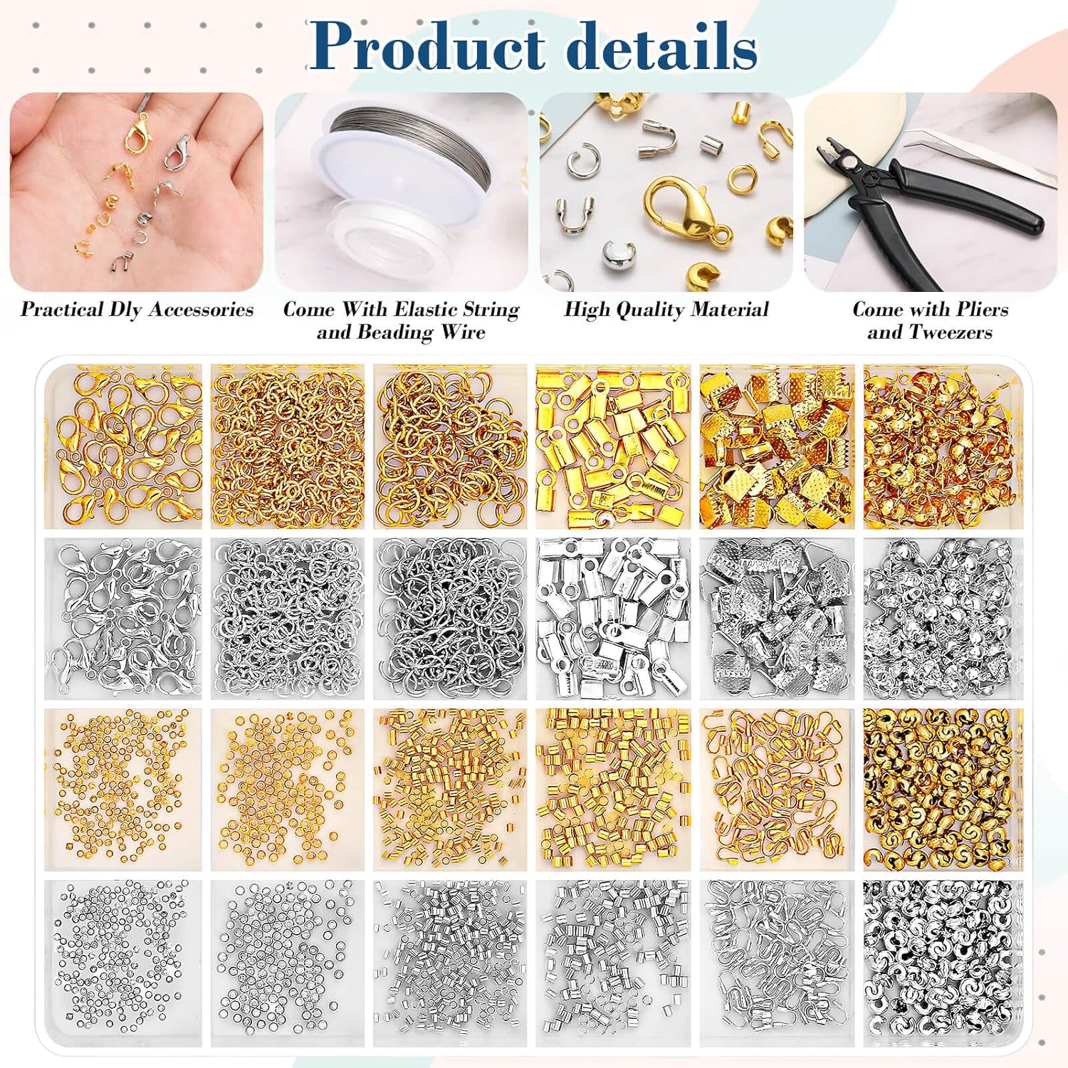 2384Pcs Crimp Beads Supplies for Jewelry Making, Including Crimp Bead Covers, Crimp Tubes, Bracelet Clasps and Closures, Crimp Ends, Jump Rings, Crimping Pliers and Beading Wire for Bracelets Making - Image 4
