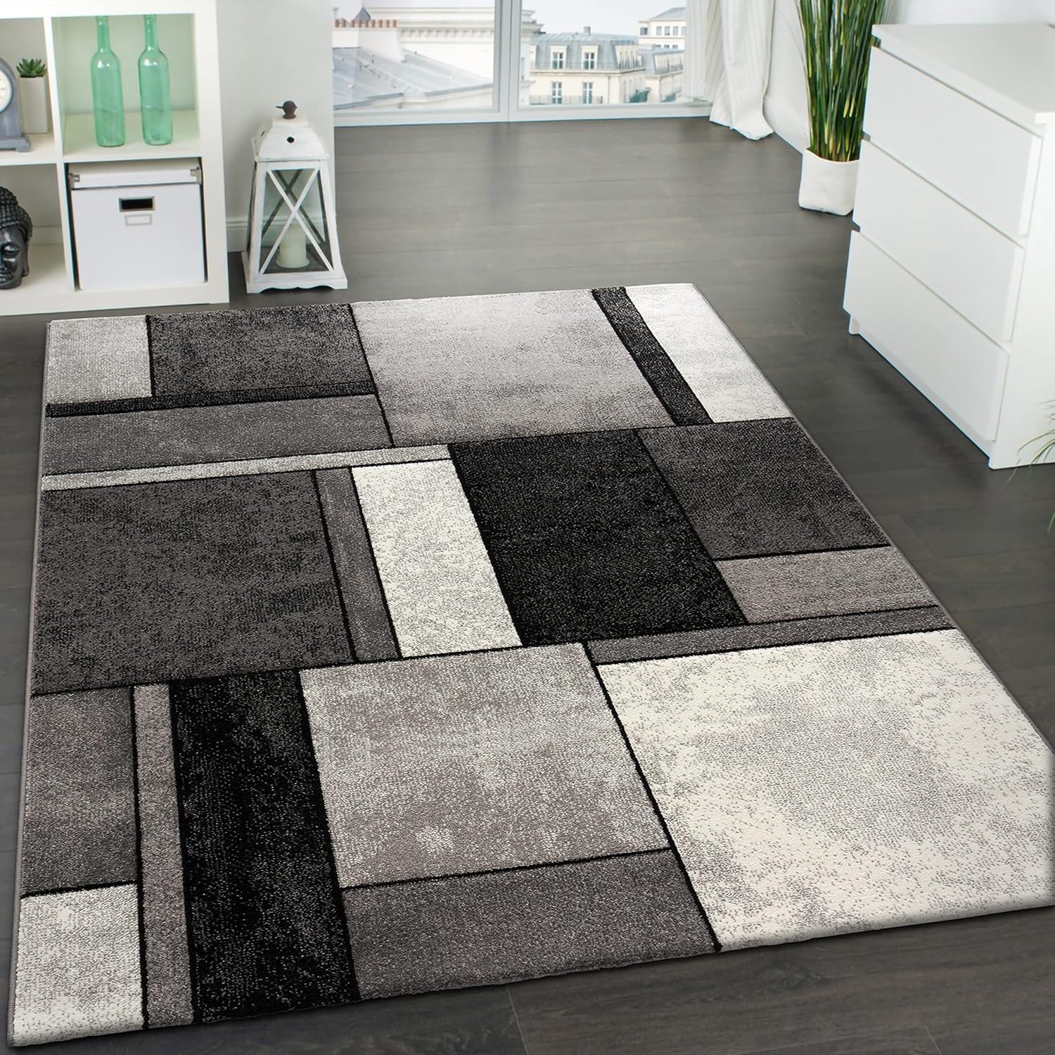 Paco Home Area Rug Modern Geometric Pattern in Grey White, Size: 6'7" x 9'6"