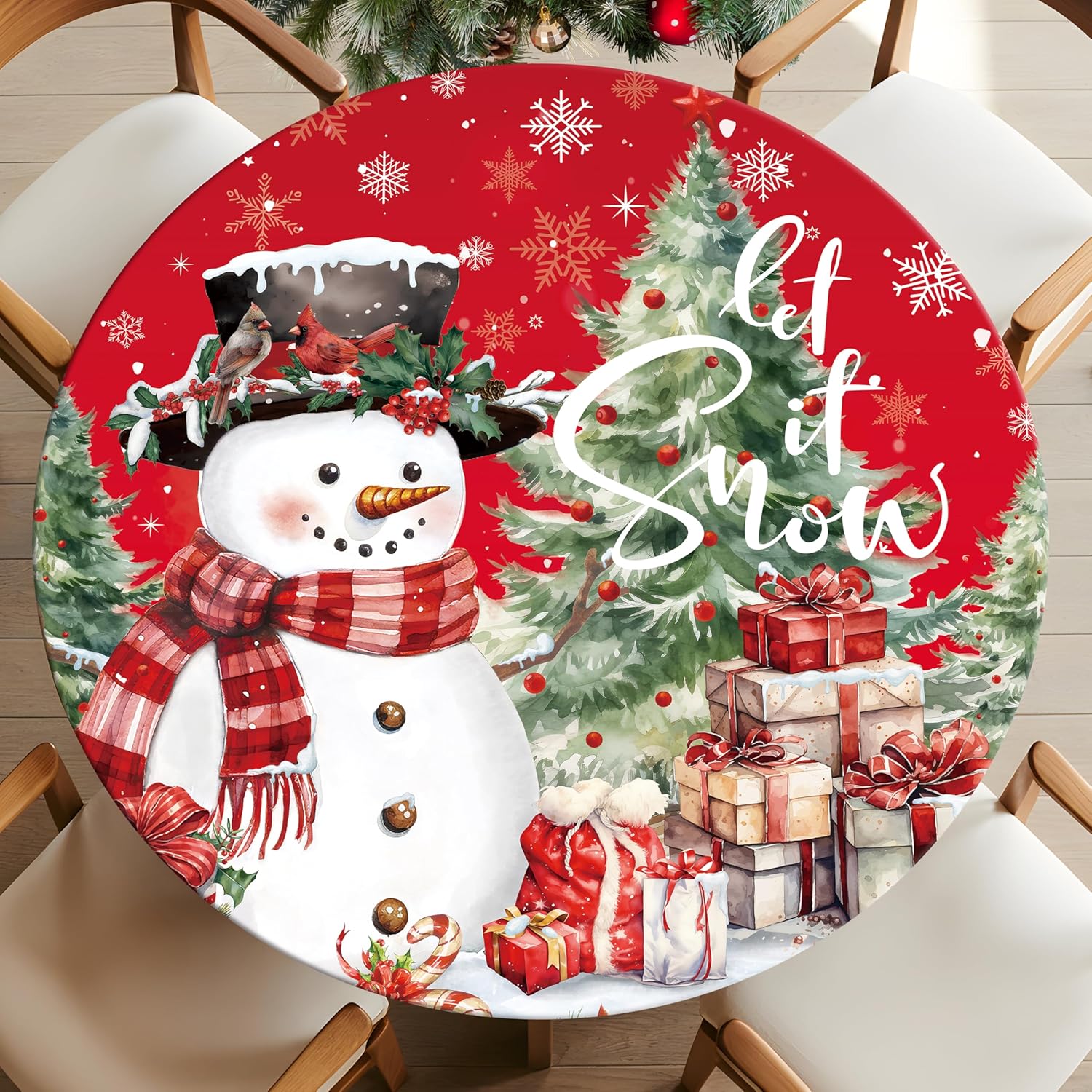 Casuru Christmas Round Fitted Tablecloth with Elastic Snowman Round Table Cover Waterproof Let It Snow Christmas Decor for Patio Holiday Kitchen Party Fits to 44"-48" Round Table (Red, 48" (Round))