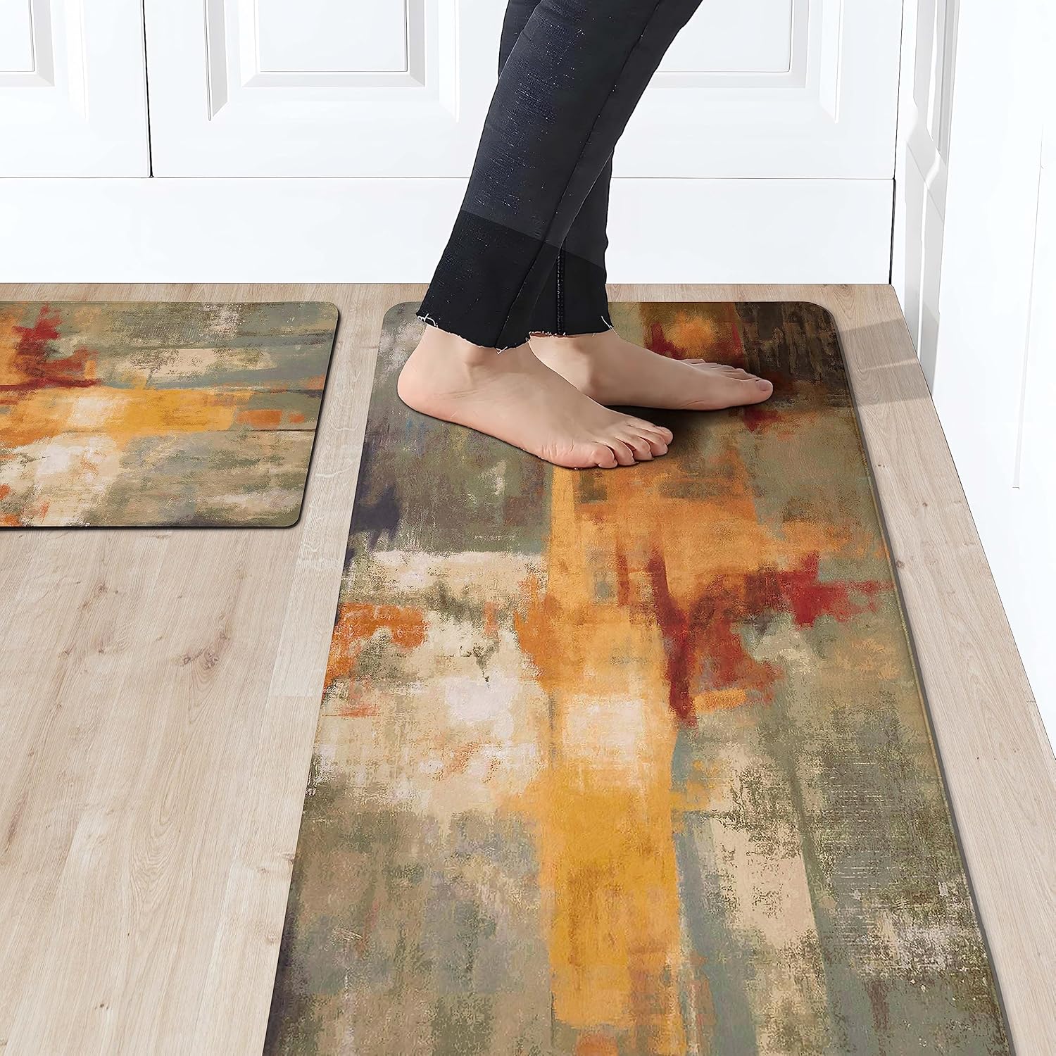 Orange Anti-Fatigue Kitchen Rugs Set of 2 Burnt Orange Cushioned Comfort Kitchen Mats Abstract Art Heavy Duty Standing Floor Mat Carpets for Kitchen Laundry, 17.3"x28"+17.3"x47"