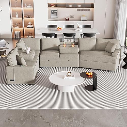 Miniatura 3 de Sofá modular en forma de L de 126 pulgadas con dispositivos de carga, sofá cama extraíble con portavasos y sofá modular convertible para sala de