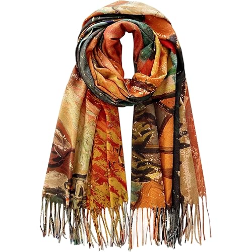 VENVSBEE Reversible Soft Cashmere Feel Scarf Large Shawl Wrap Double-side Art Print Warm Pashmina Klimt Van Gogh Gifts
