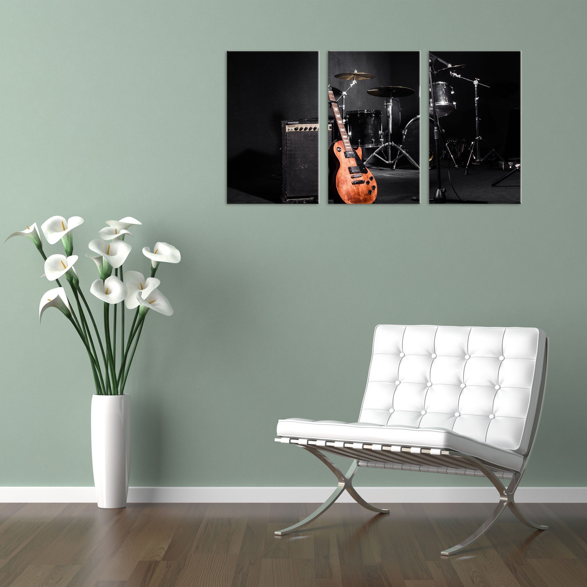 QUADRO SU TELA CANVAS - INTELAIATO - PRONTO DA APPENDERE - Strumenti Musicali - Band Chitarra Batteria - 100x50cm (cod.3484)